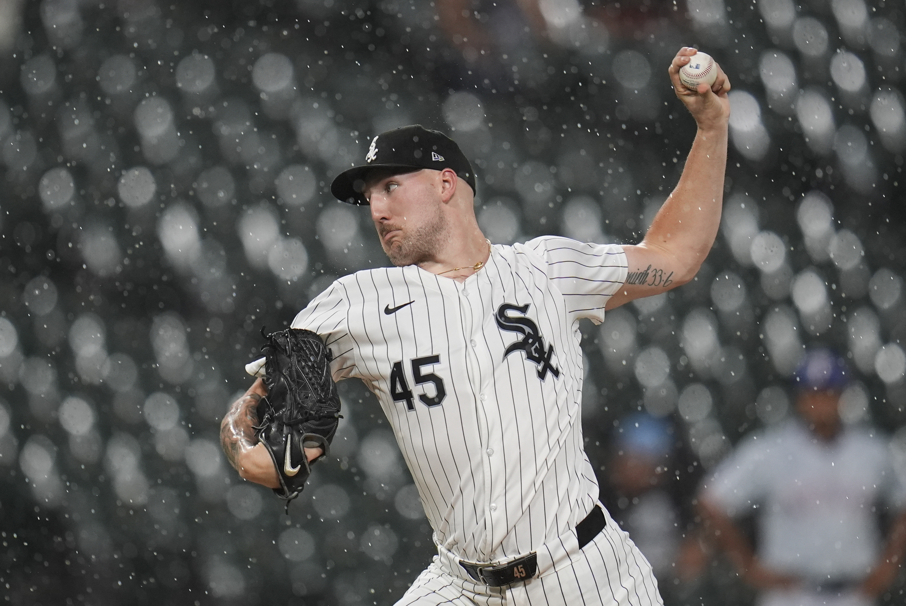 Chicago White Sox starting pitcher Garrett Crochet throws against the Texas Rangers during the first inning of a baseball game, Tuesday, Aug. 27, 2024, in Chicago. 