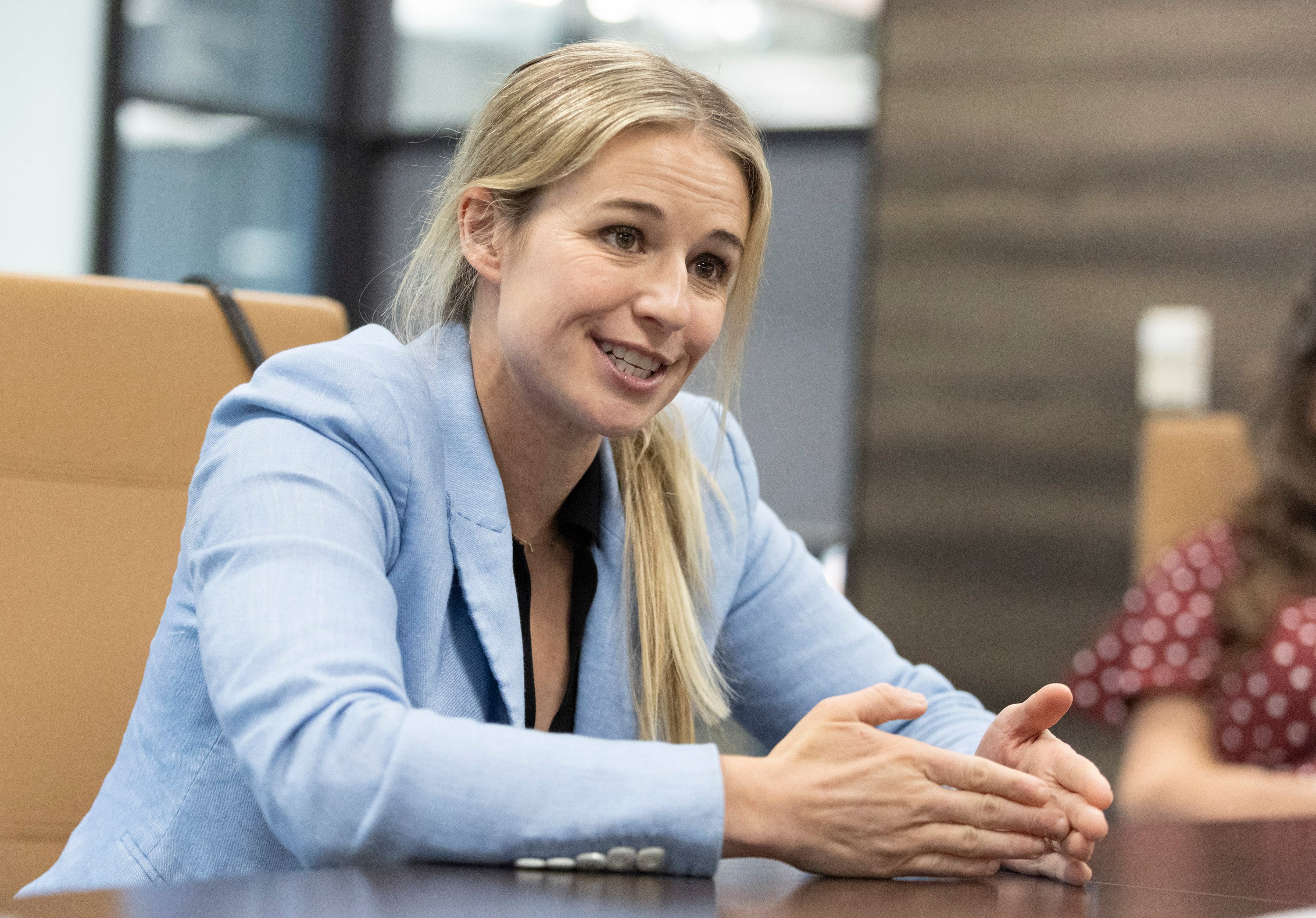 U.S. Senate candidate Caroline Gleich talks during a meeting with the Deseret News editorial board at the Deseret News office in Salt Lake City on Monday.