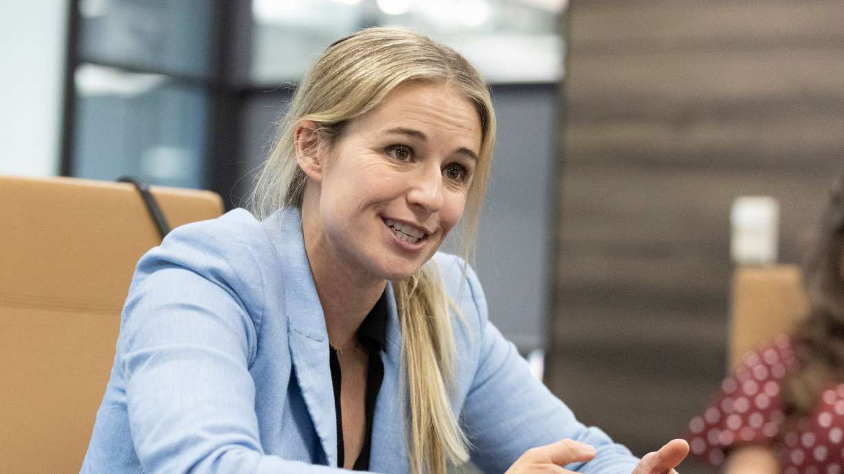 U.S. Senate candidate Caroline Gleich talks during a meeting with the Deseret News editorial board at the Deseret News office in Salt Lake City on Monday.