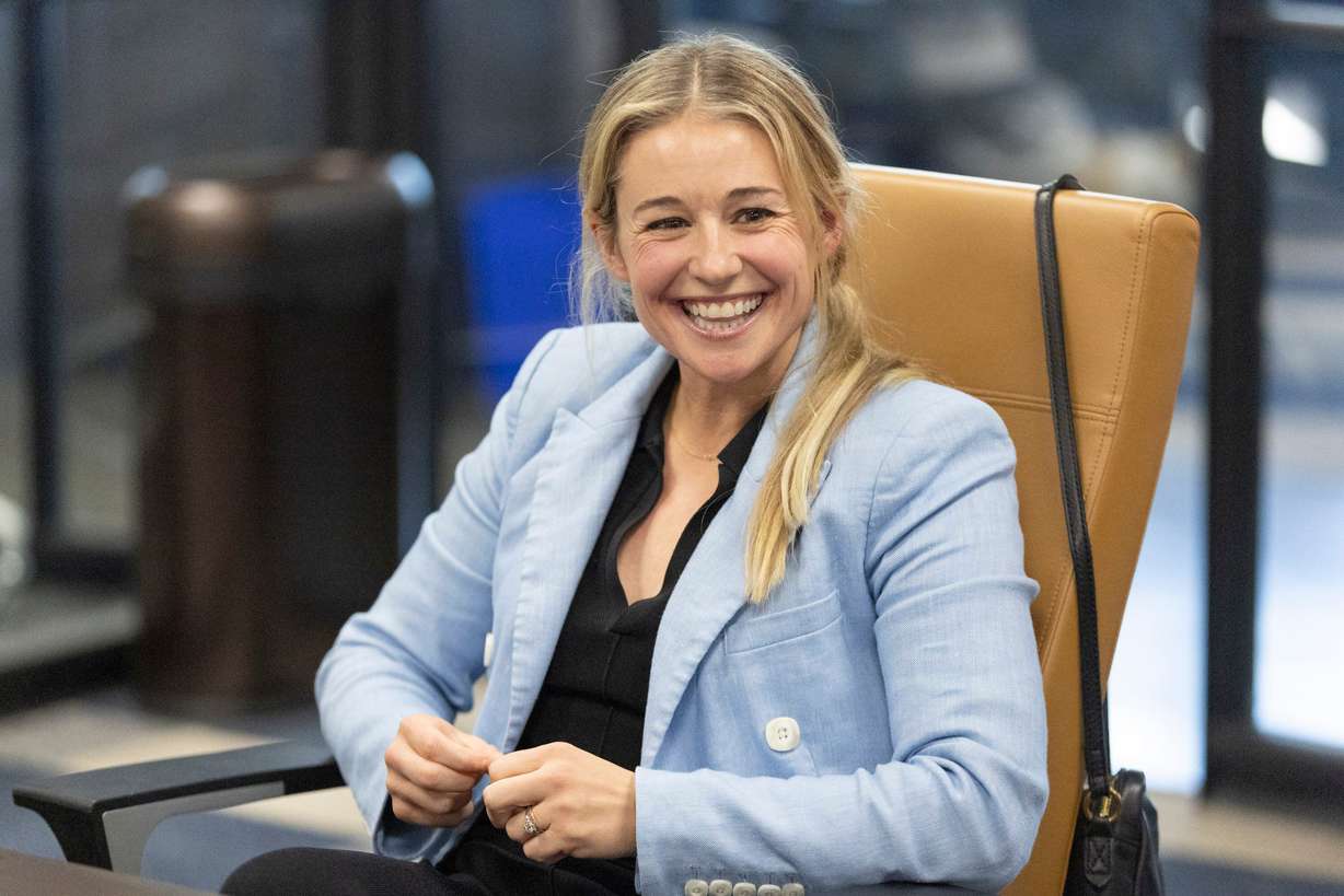 U.S. Senate candidate Caroline Gleich laughs during a meeting with the Deseret News editorial board at the Deseret News office in Salt Lake City on Monday.