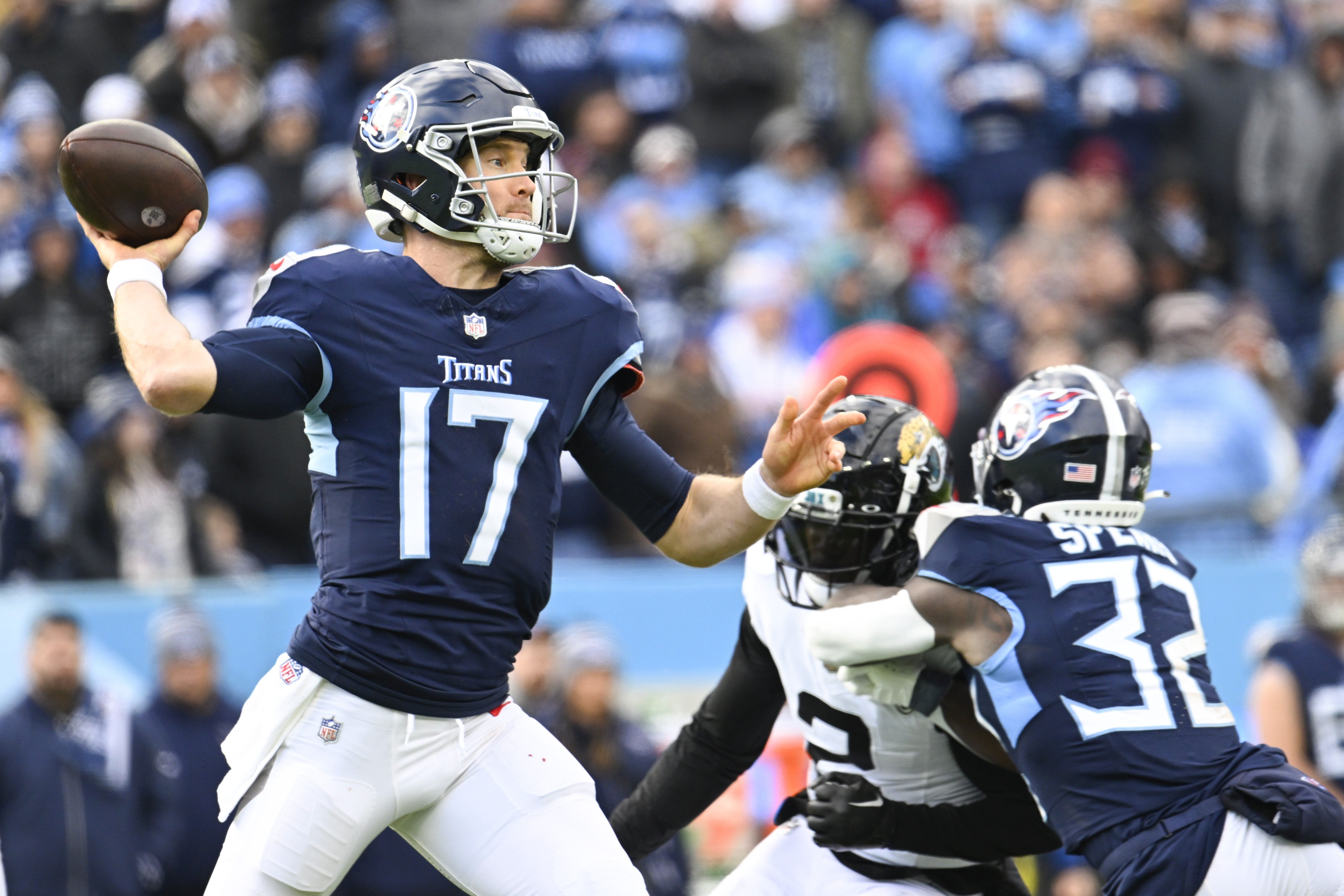 FILE - Tennessee Titans quarterback Ryan Tannehill (17) during an NFL football game against the Jacksonville Jaguars, Jan. 7, 2024 in Nashville, Tenn. 