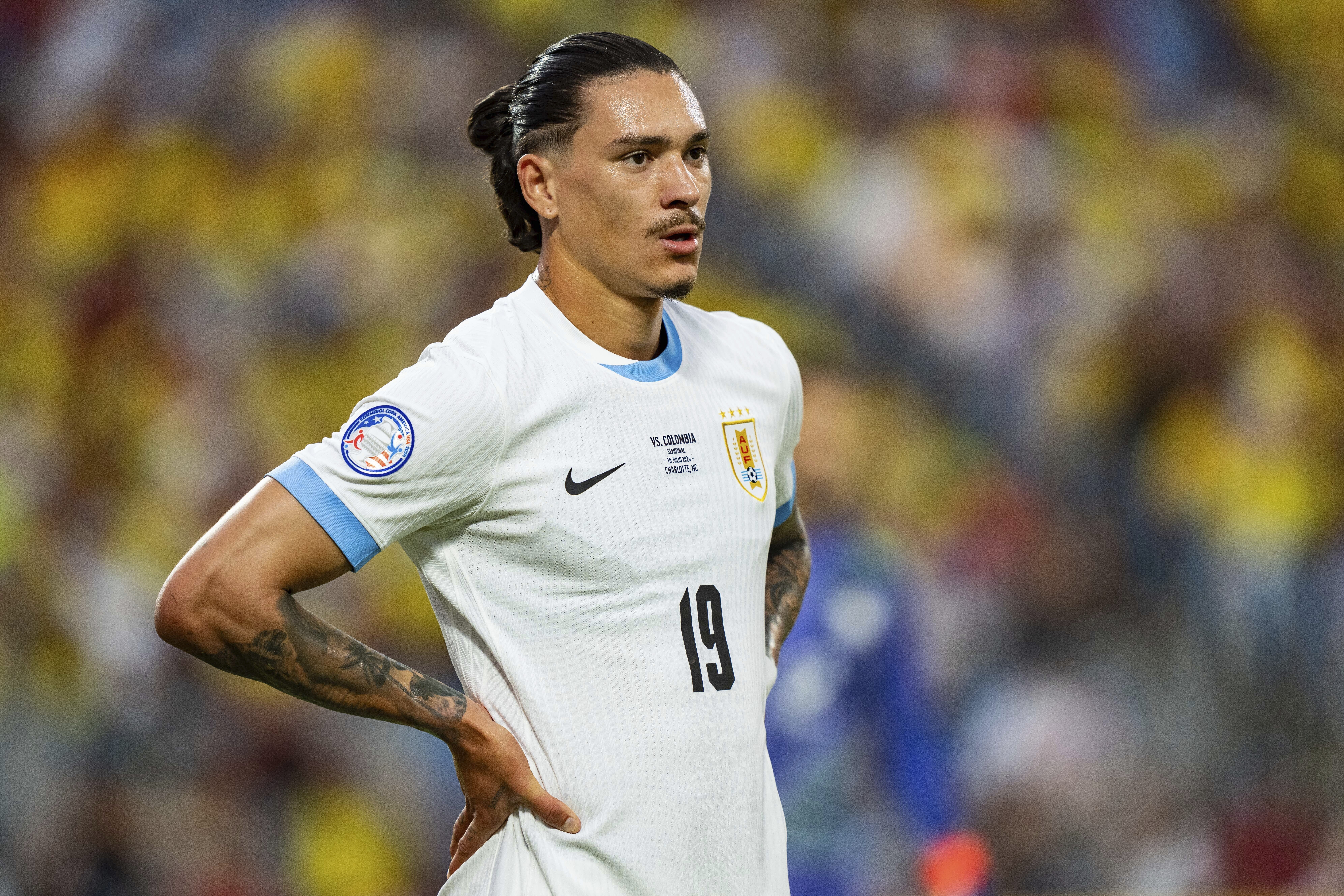 FILE - Uruguay forward Darwin Núñez (19) looks on during a Copa America semifinal soccer match with Colombia, in Charlotte, N.C., July 10, 2024, 
