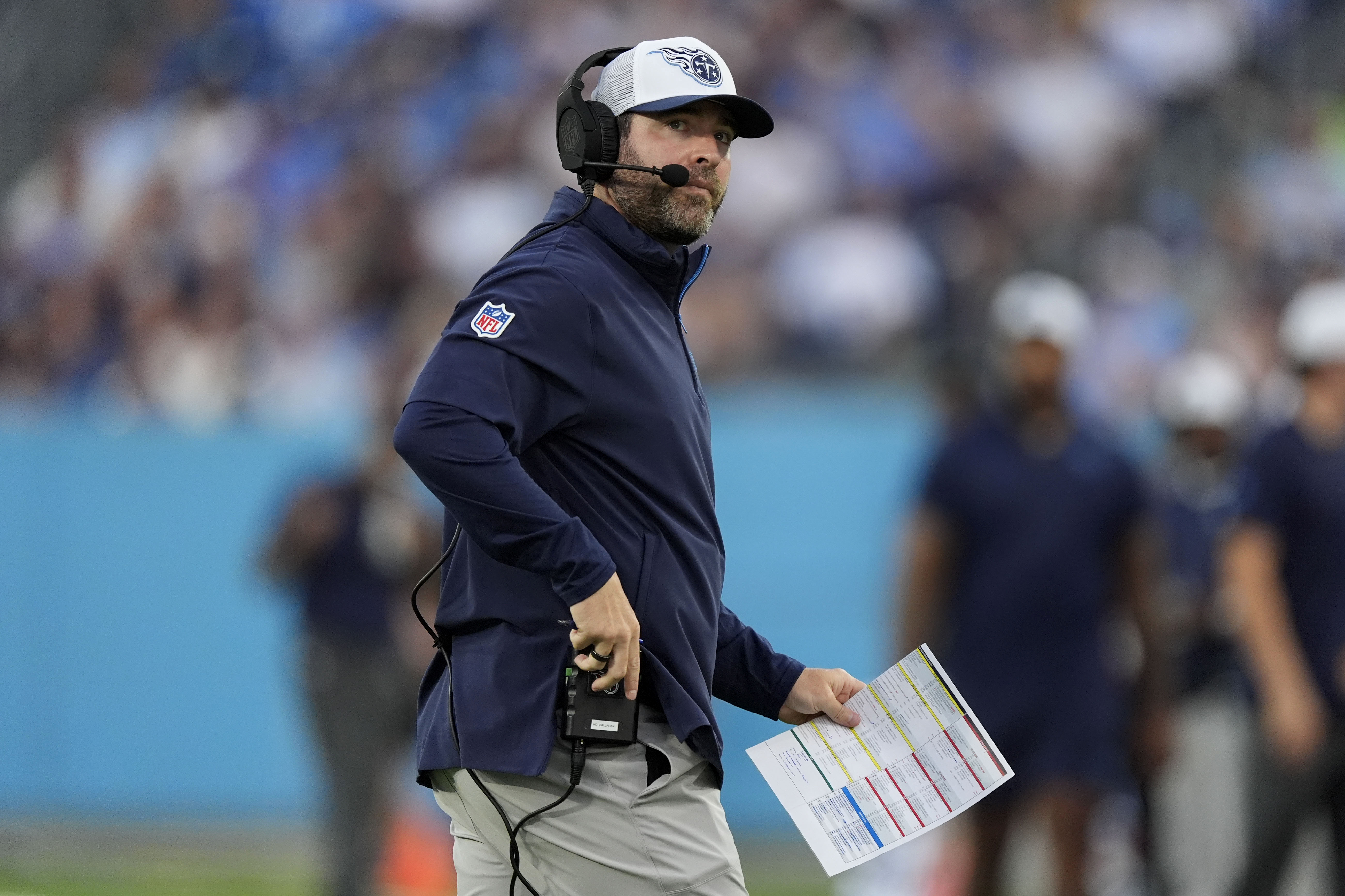 Tennessee Titans head coach Brian Callahan watches from the sideline during the first half of an NFL preseason football game against the Seattle Seahawks, Saturday, Aug. 17, 2024, in Nashville, Tenn. 