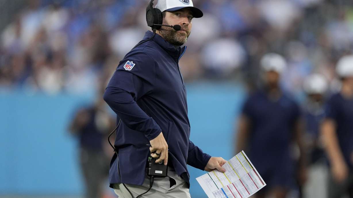 Tennessee Titans head coach Brian Callahan watches from the sideline during the first half of an NFL preseason football game against the Seattle Seahawks, Saturday, Aug. 17, 2024, in Nashville, Tenn.