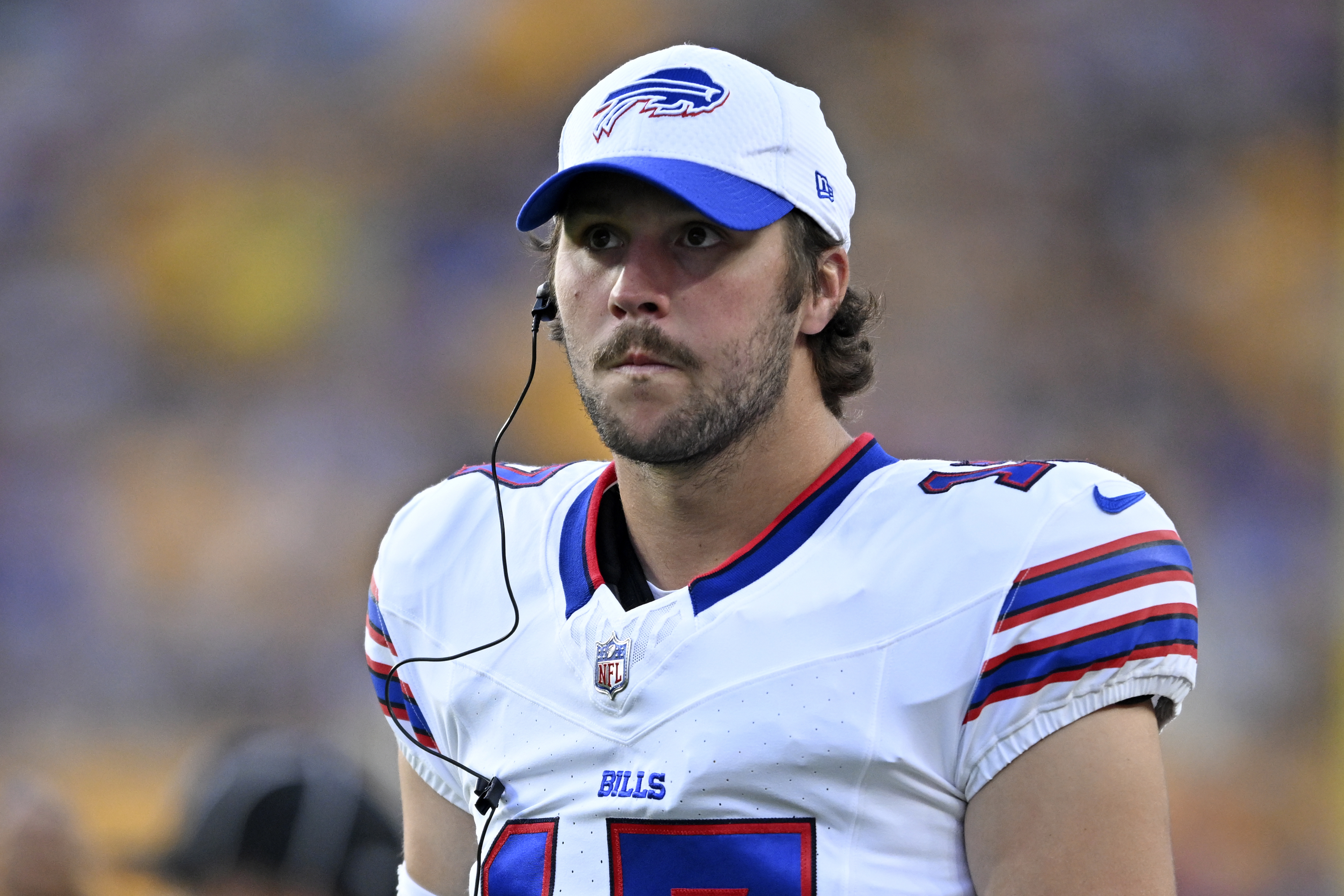 Buffalo Bills quarterback Josh Allen stands on the sidelines during the first half of an NFL exhibition football game against the Pittsburgh Steelers, Saturday, Aug. 17, 2024, in Pittsburgh. 