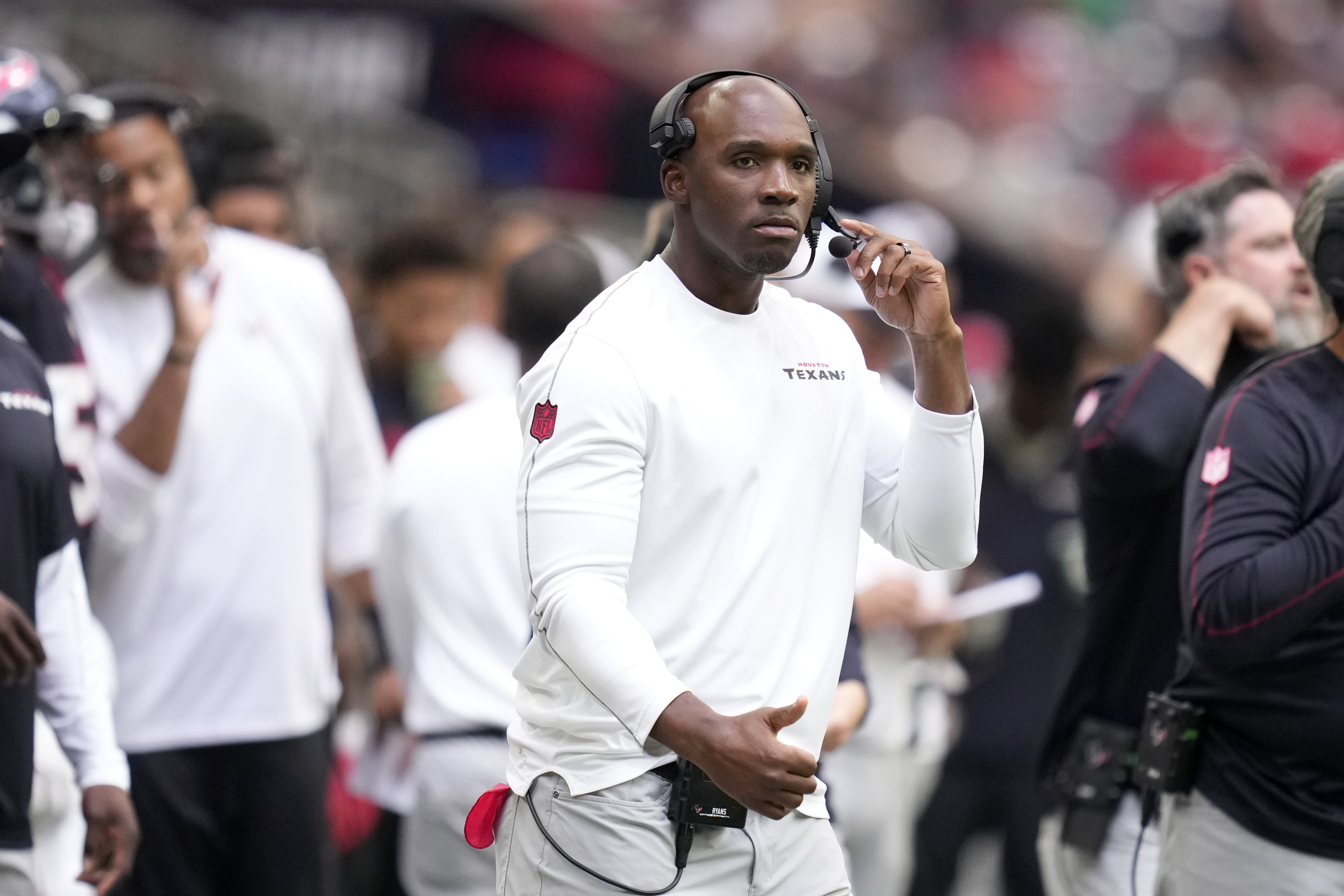 Houston Texans head coach DeMeco Ryans watches from the sideline during the first half of a preseason NFL football game against the Los Angeles Rams, Saturday, Aug. 24, 2024, in Houston. 