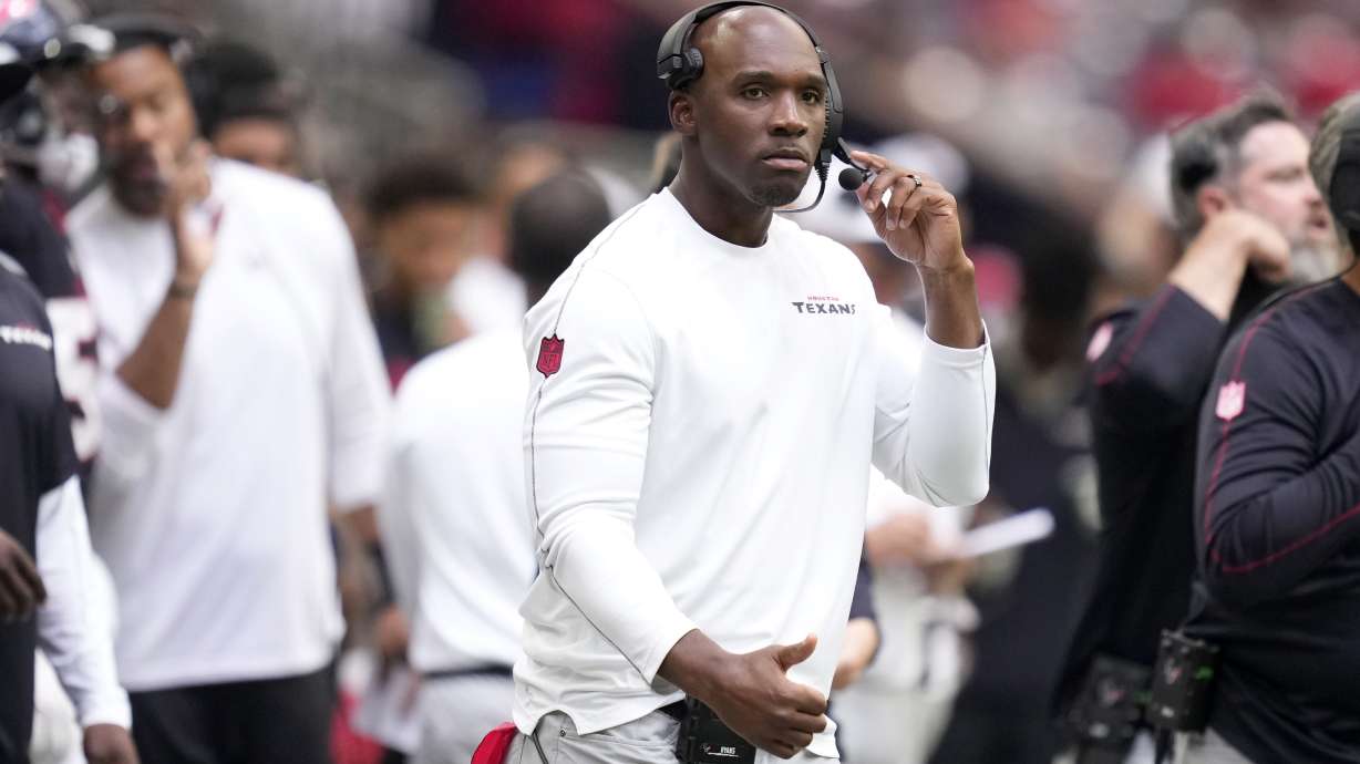Houston Texans head coach DeMeco Ryans watches from the sideline during the first half of a preseason NFL football game against the Los Angeles Rams, Saturday, Aug. 24, 2024, in Houston.