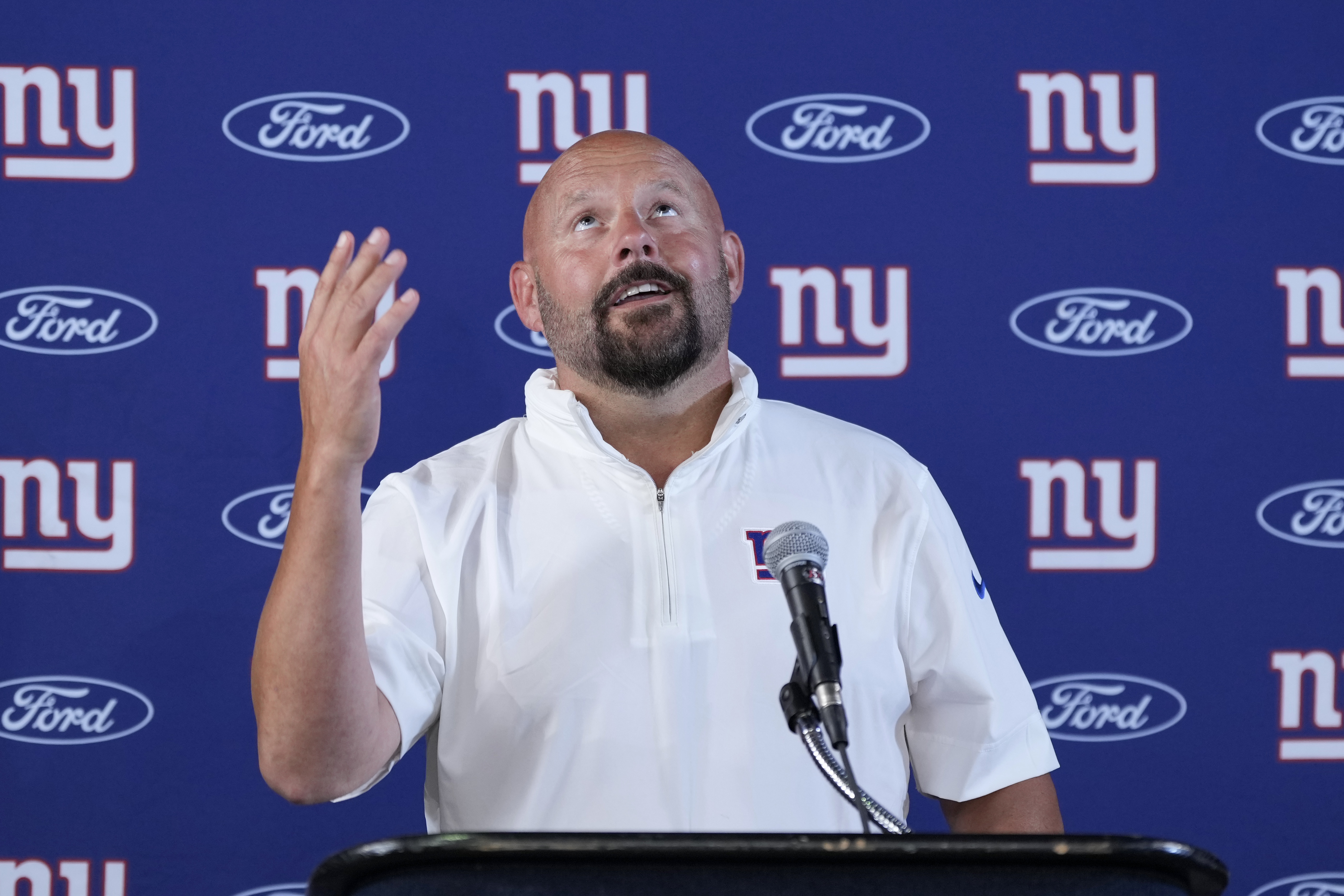 New York Giants head coach Brian Daboll responds to questions during a news conference after the team's preseason NFL football game against the Houston Texans, Saturday, Aug. 17, 2024, in Houston. 