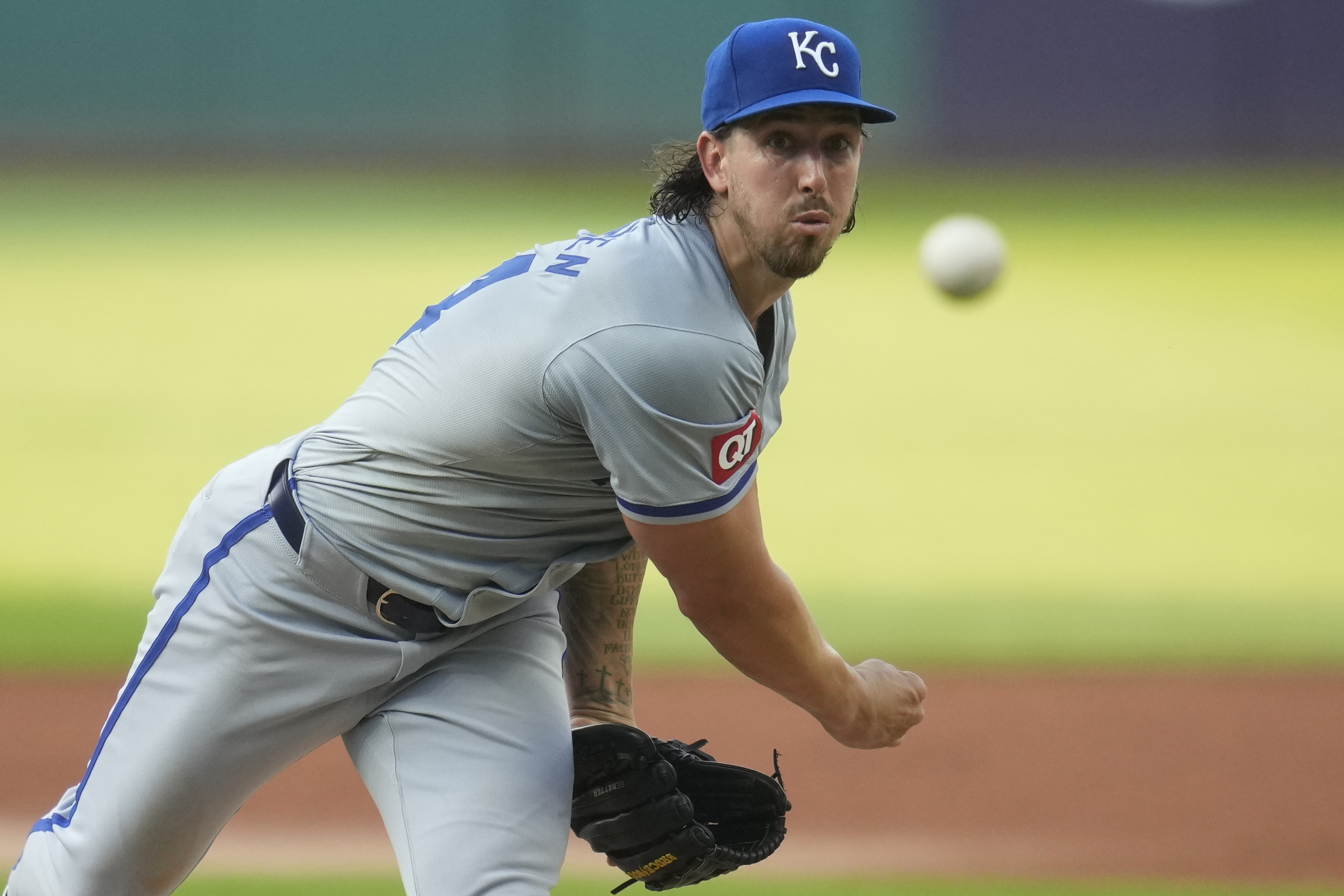 Kansas City Royals' Michael Lorenzen pitches in the first inning of a baseball game against the Cleveland Guardians Tuesday, Aug. 27, 2024, in Cleveland. 