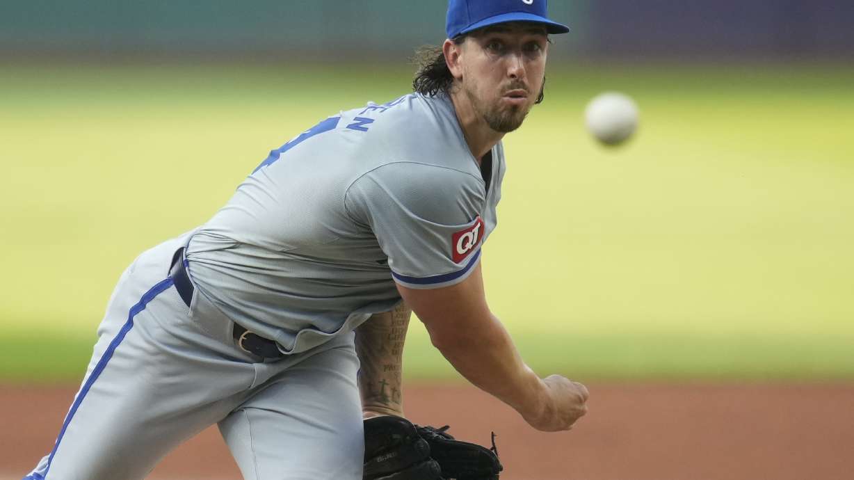 Kansas City Royals' Michael Lorenzen pitches in the first inning of a baseball game against the Cleveland Guardians Tuesday, Aug. 27, 2024, in Cleveland.