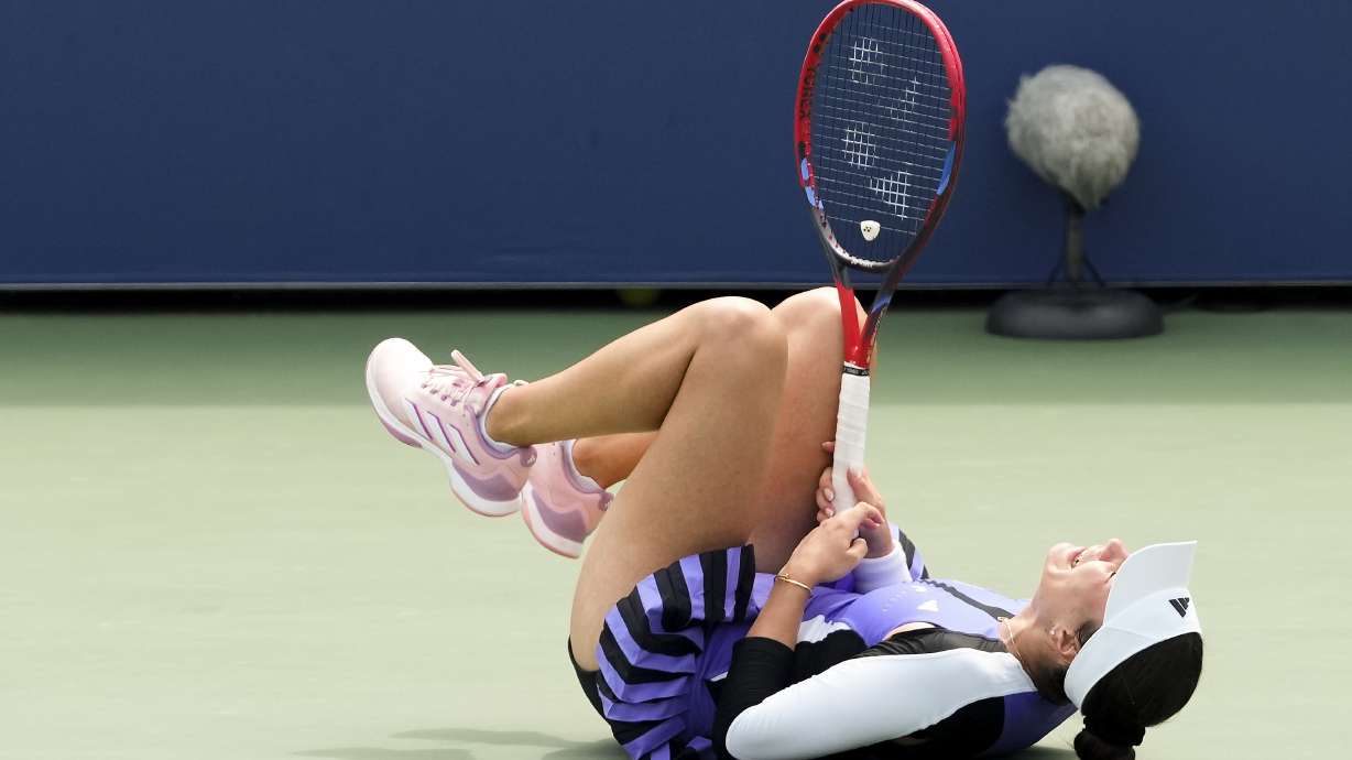 Elena-Gabriela Ruse, of Romania, reacts after defeating Barbora Krejcikova, of the Czech Republic, during the second round of the U.S. Open tennis championships, Wednesday, Aug. 28, 2024, in New York.