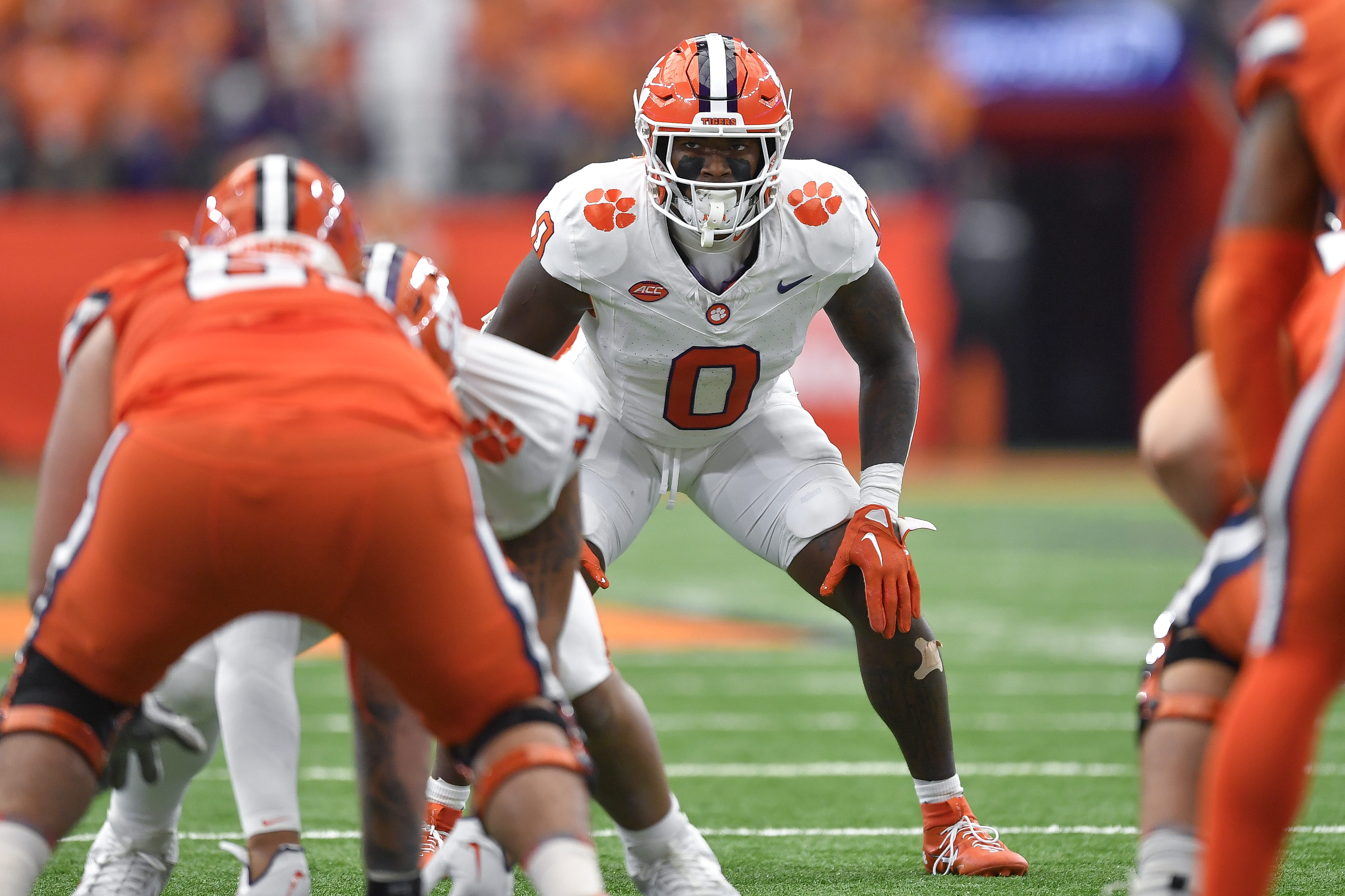 FILE - Clemson linebacker Barrett Carter (0) lines up during the first half of an NCAA college football game against Syracuse in Syracuse, N.Y., Saturday, Sept. 30, 2023. 