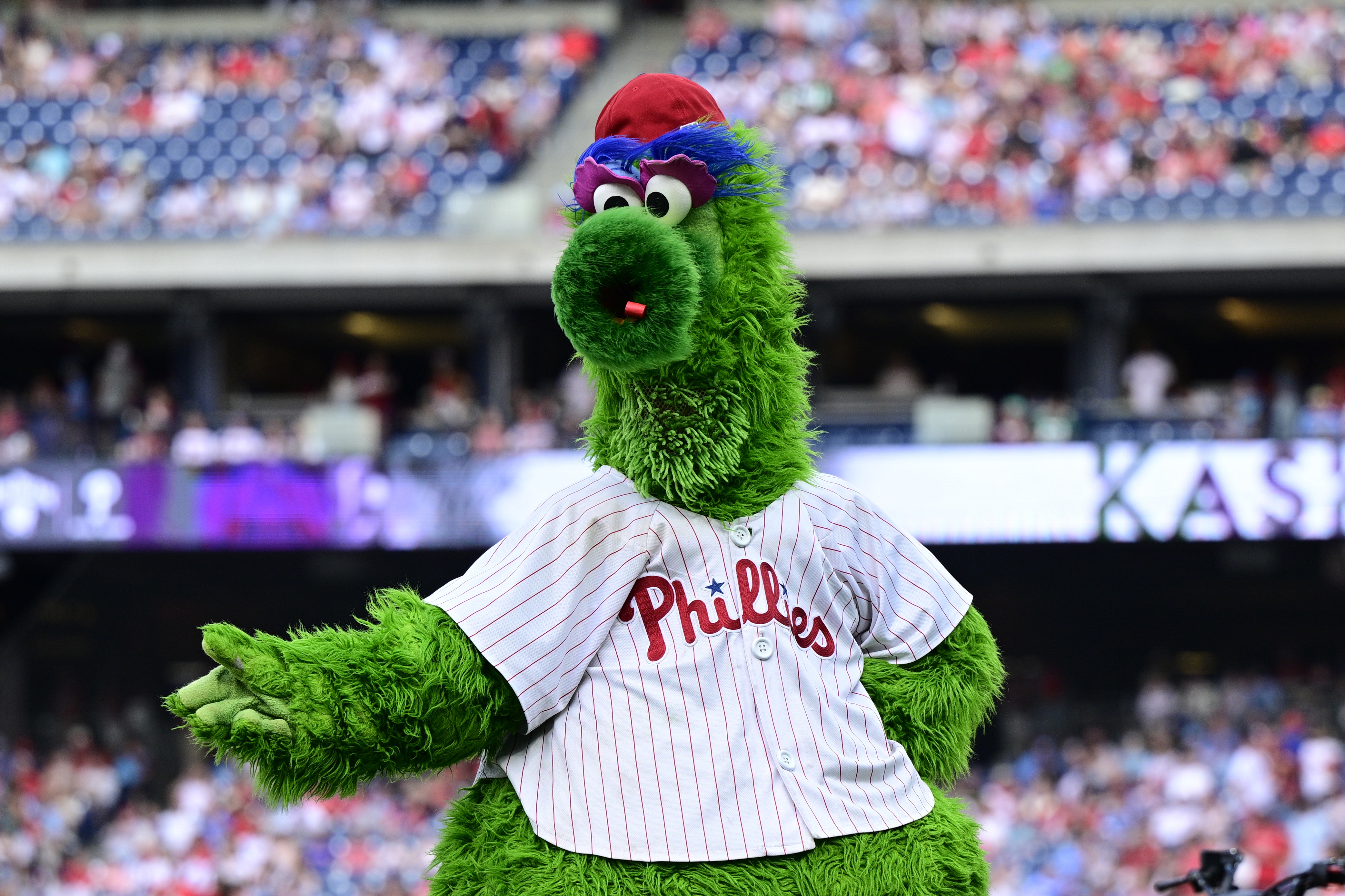 FILE - Philadelphia Phillies mascot, the Phillie Phanatic, performs before a baseball game against the Cleveland Guardians, Saturday, July 27, 2024, in Philadelphia.