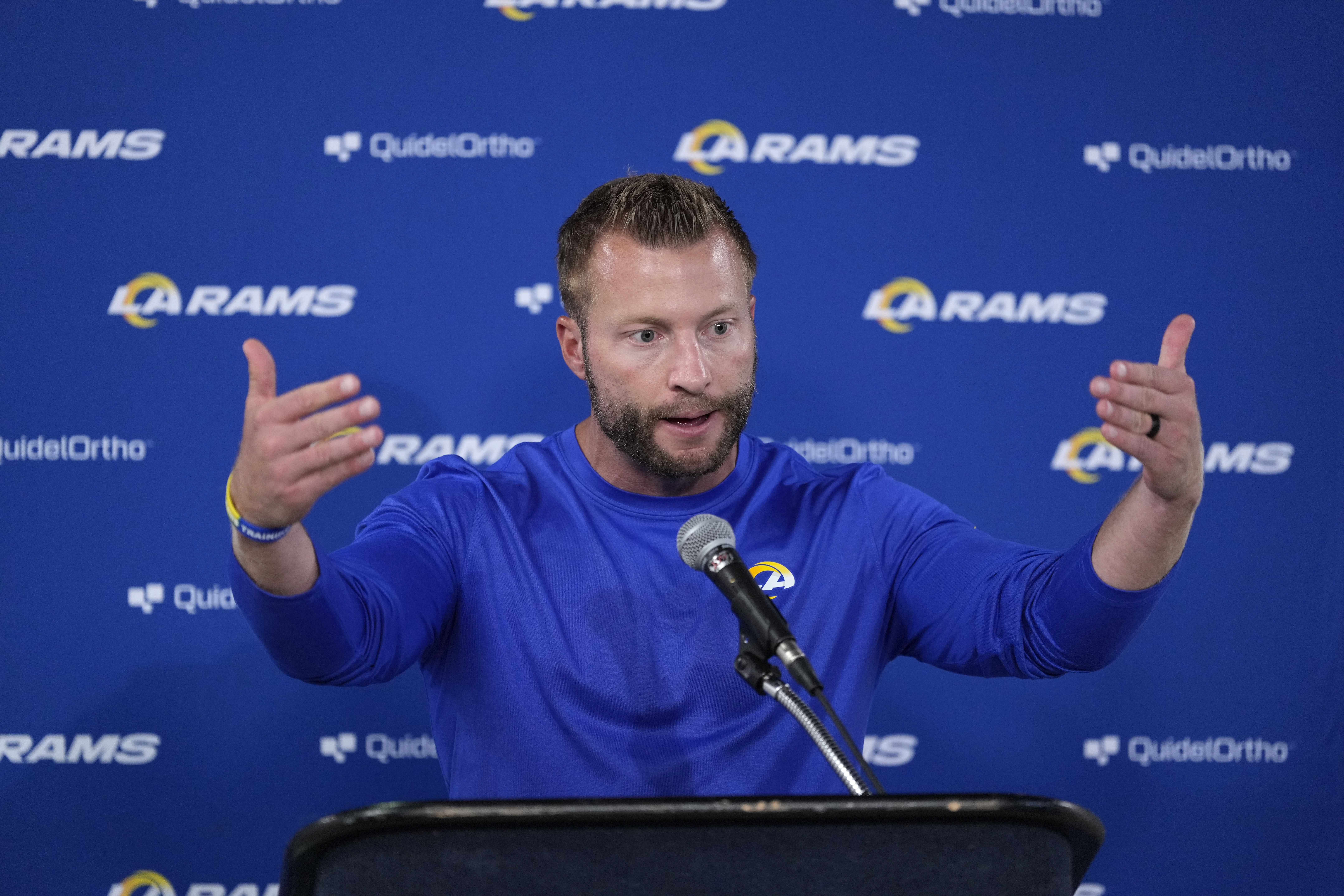 Los Angeles Rams head coach Sean McVay speaks during a news conference after a preseason NFL football game against the Houston Texans, Saturday, Aug. 24, 2024, in Houston. The Texans won 17-15. 