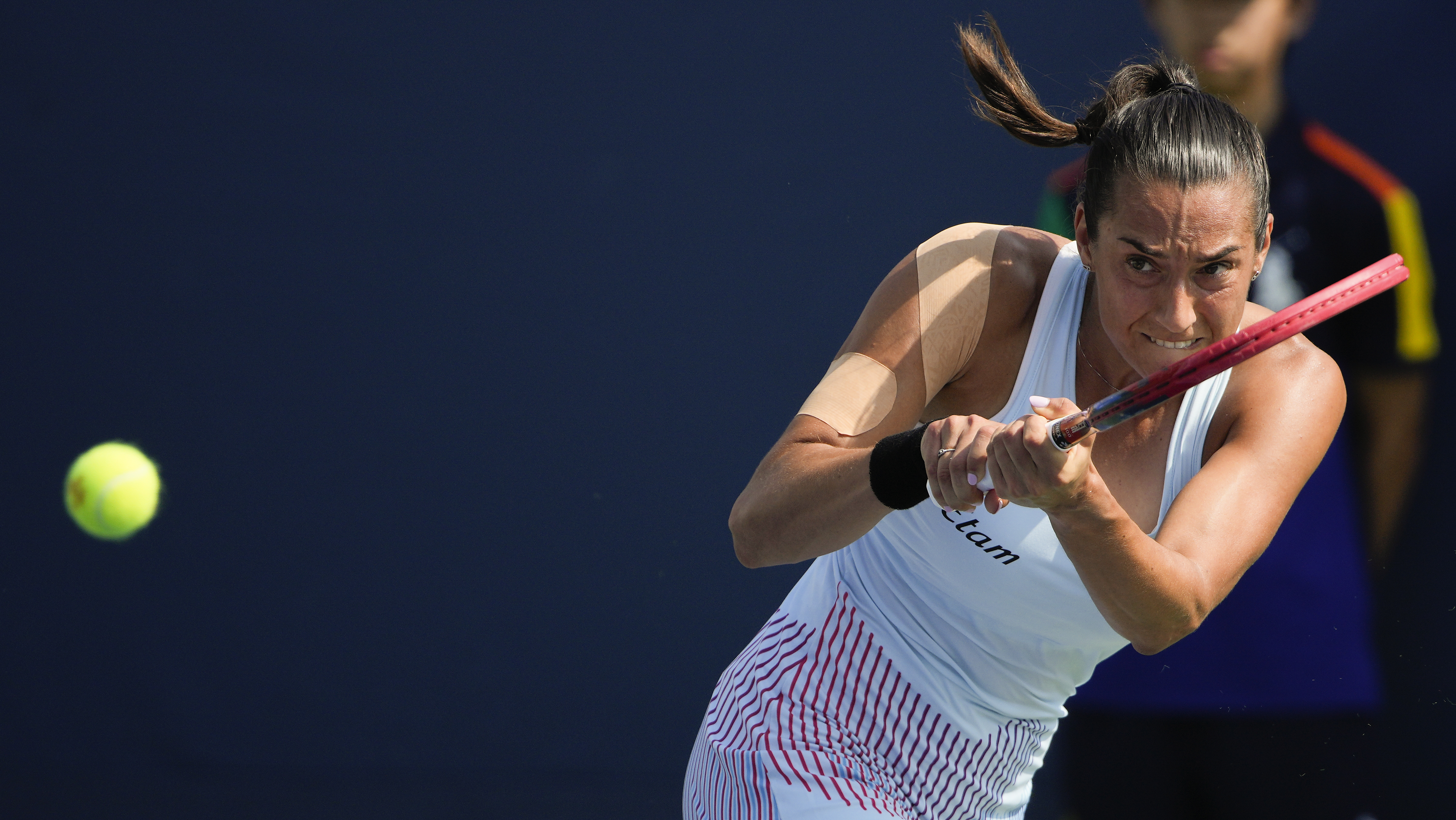 Caroline Garcia, of France, returns a shot to Renata Zarazua, of Mexico, during the first round of the U.S. Open tennis championships, Tuesday, Aug. 27, 2024, in New York. 