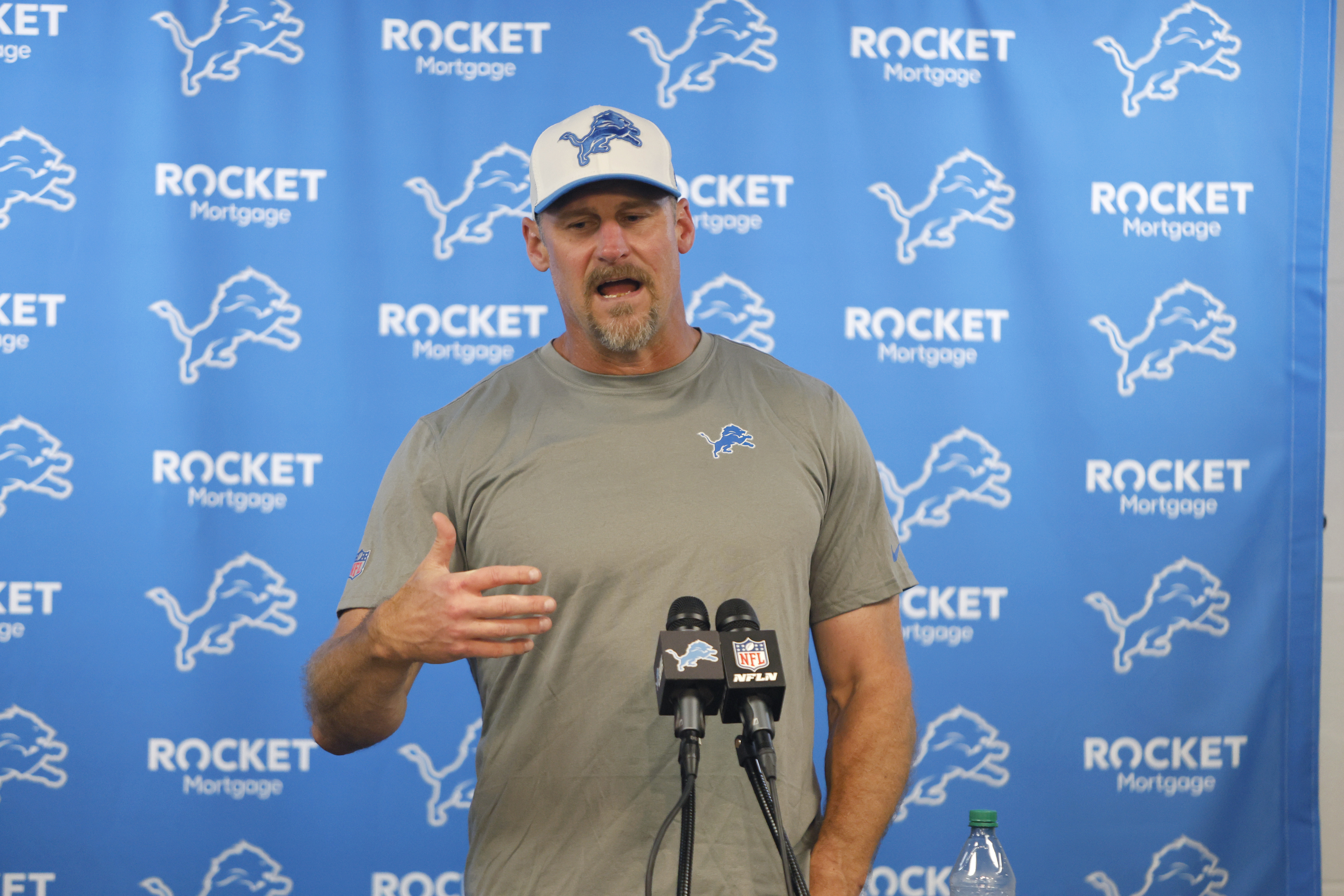 Detroit Lions head coach addresses the media after an NFL preseason football game against the Pittsburgh Steelers, Saturday, Aug. 24, 2024, in Detroit. 