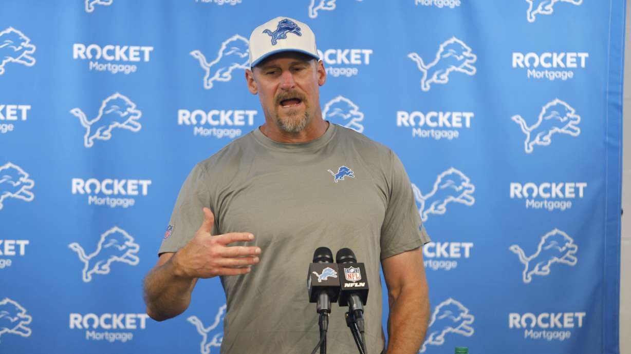 Detroit Lions head coach addresses the media after an NFL preseason football game against the Pittsburgh Steelers, Saturday, Aug. 24, 2024, in Detroit.