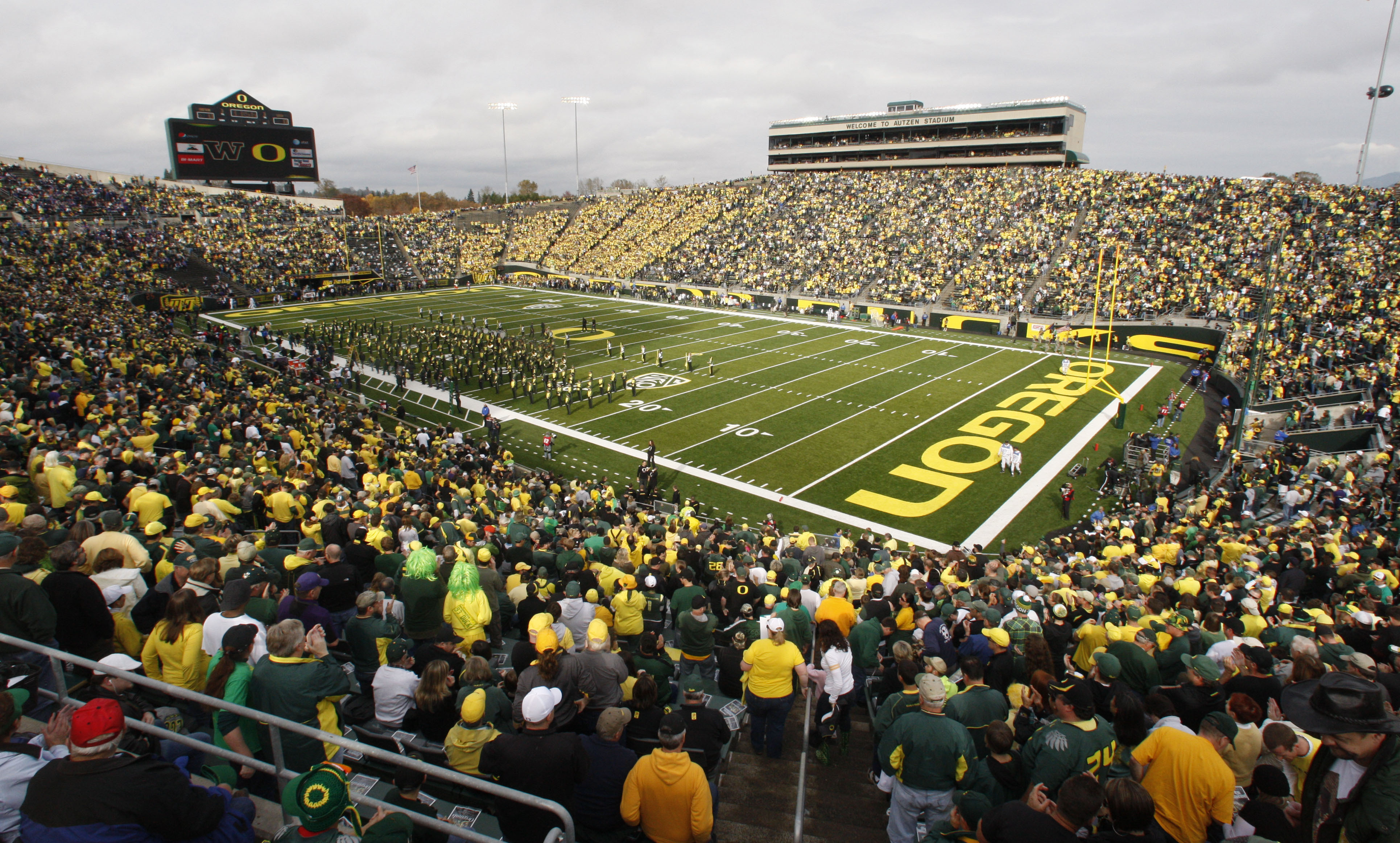 FILE - Oregon's Autzen Stadium is viewed during the first quarter of an NCAA college football game against Washington, Nov. 6, 2010, in Eugene, Ore. 