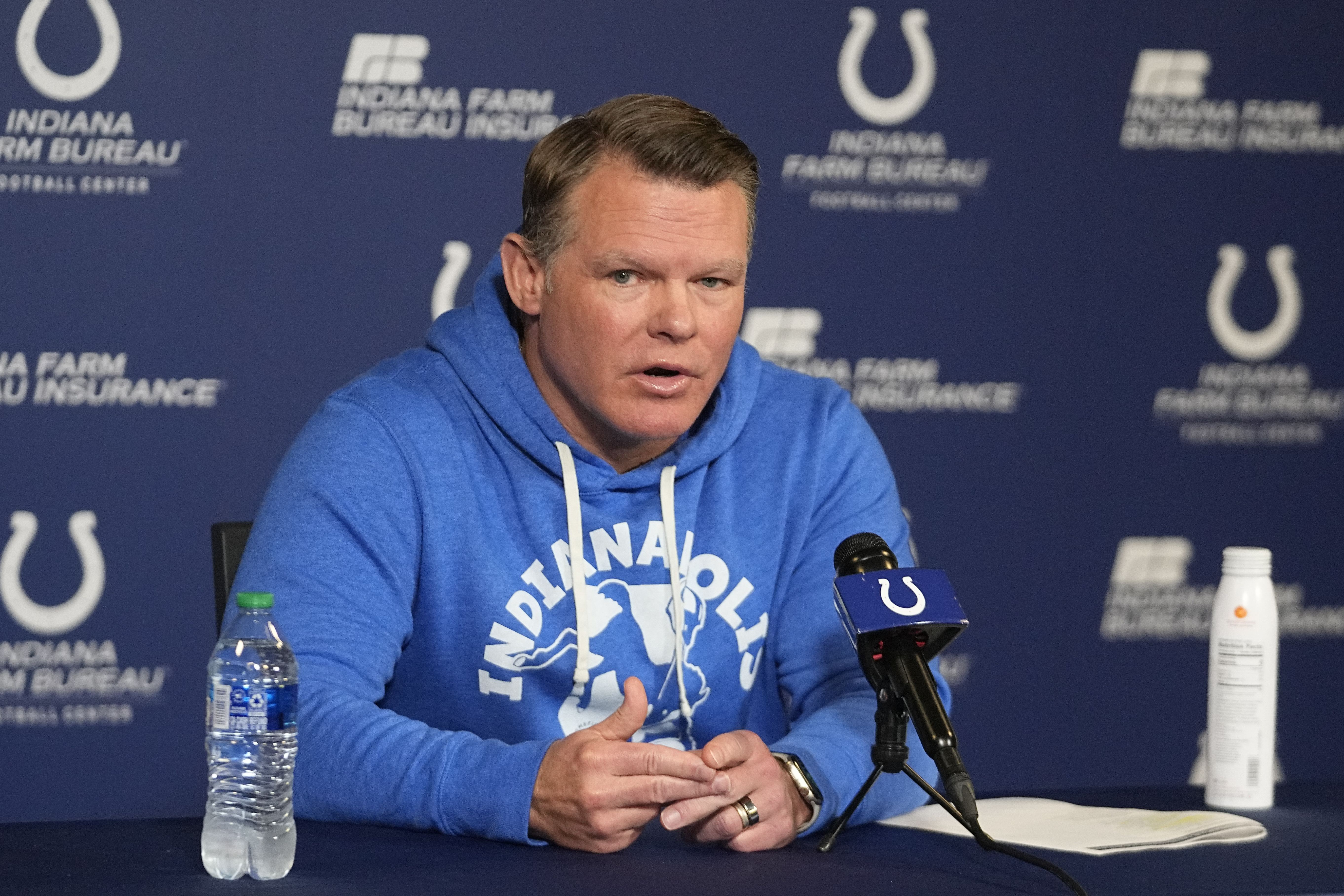 FILE - Indianapolis Colts general manager Chris Ballard speaks during an NFL football news conference, Friday, April 21, 2023, in Indianapolis.