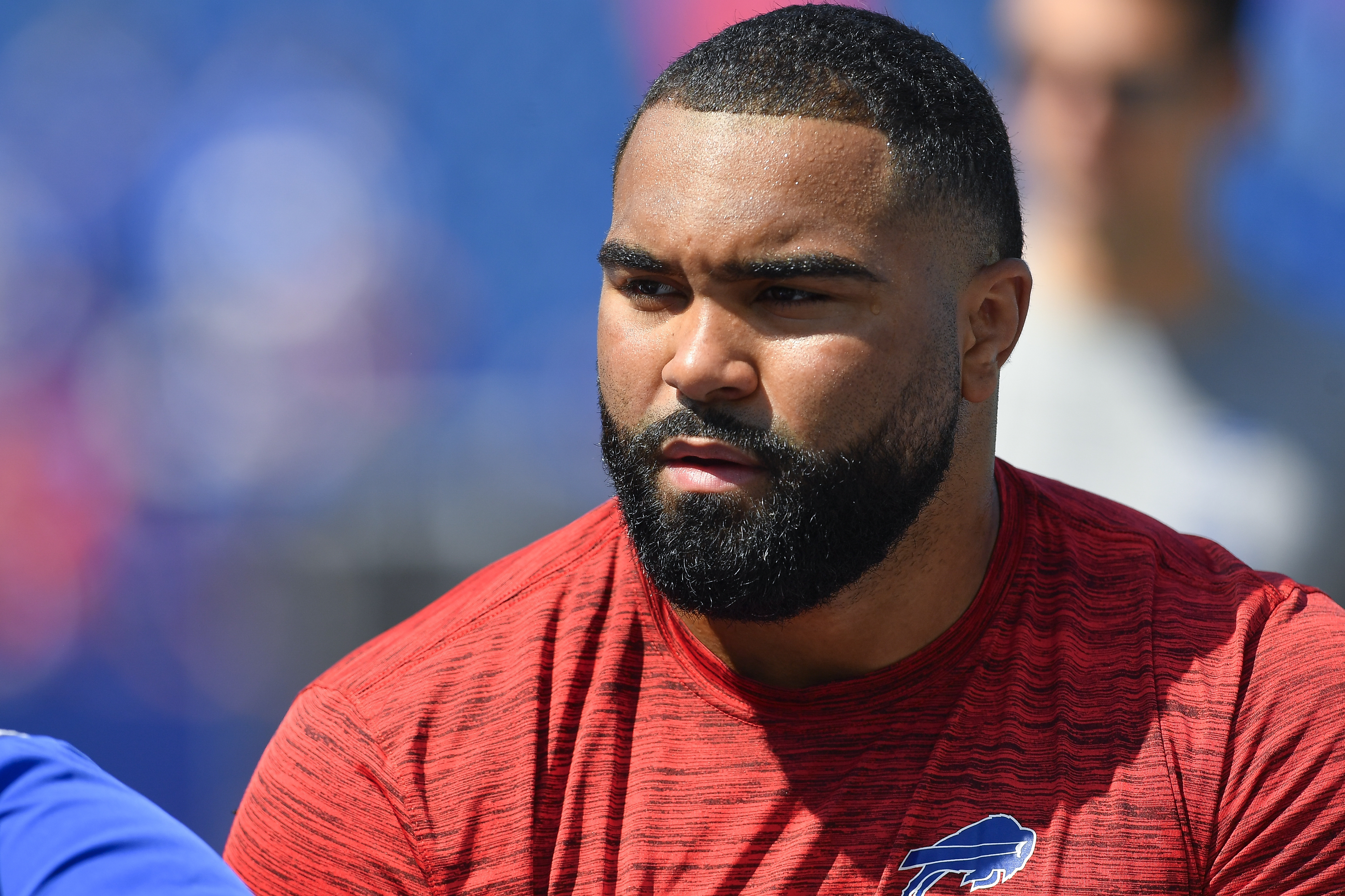 FILE - Buffalo Bills defensive tackle Gable Steveson warms up before a preseason NFL football game against the Carolina Panthers in Orchard Park, N.Y., Saturday, Aug. 24, 2024.