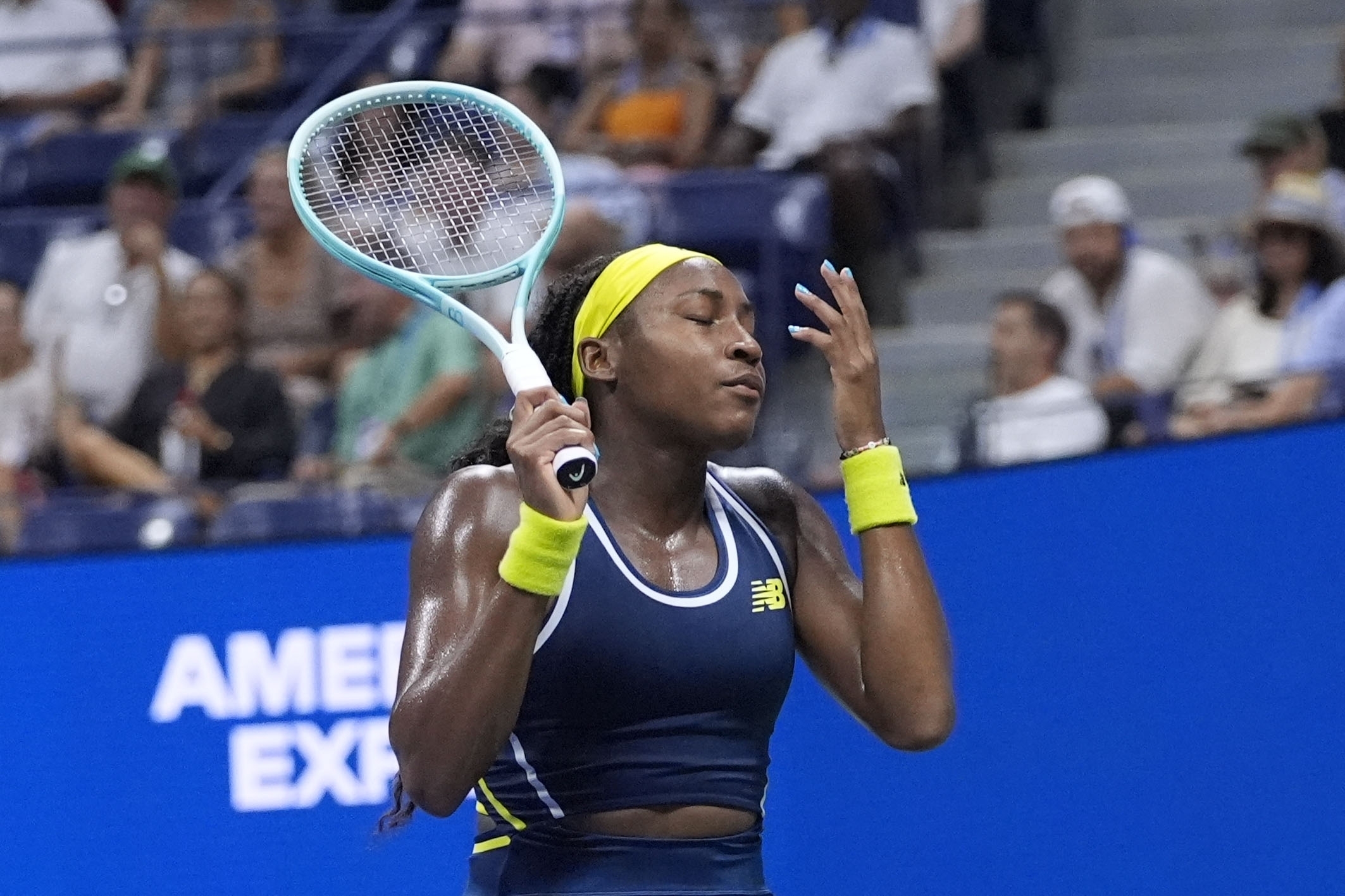 Coco Gauff, of the United States, reacts against Tatjana Maria, of Germany, during a second round match of the U.S. Open tennis championships, Wednesday, Aug. 28, 2024, in New York. 