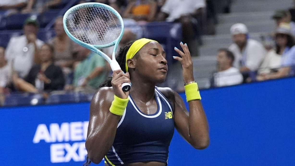 Coco Gauff, of the United States, reacts against Tatjana Maria, of Germany, during a second round match of the U.S. Open tennis championships, Wednesday, Aug. 28, 2024, in New York.