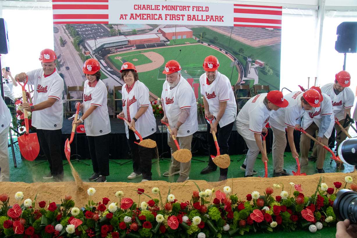 University of Utah leaders and other dignitaries break ground on Charlie Monfort Field at America First Ballpark in Salt Lake City on Wednesday.