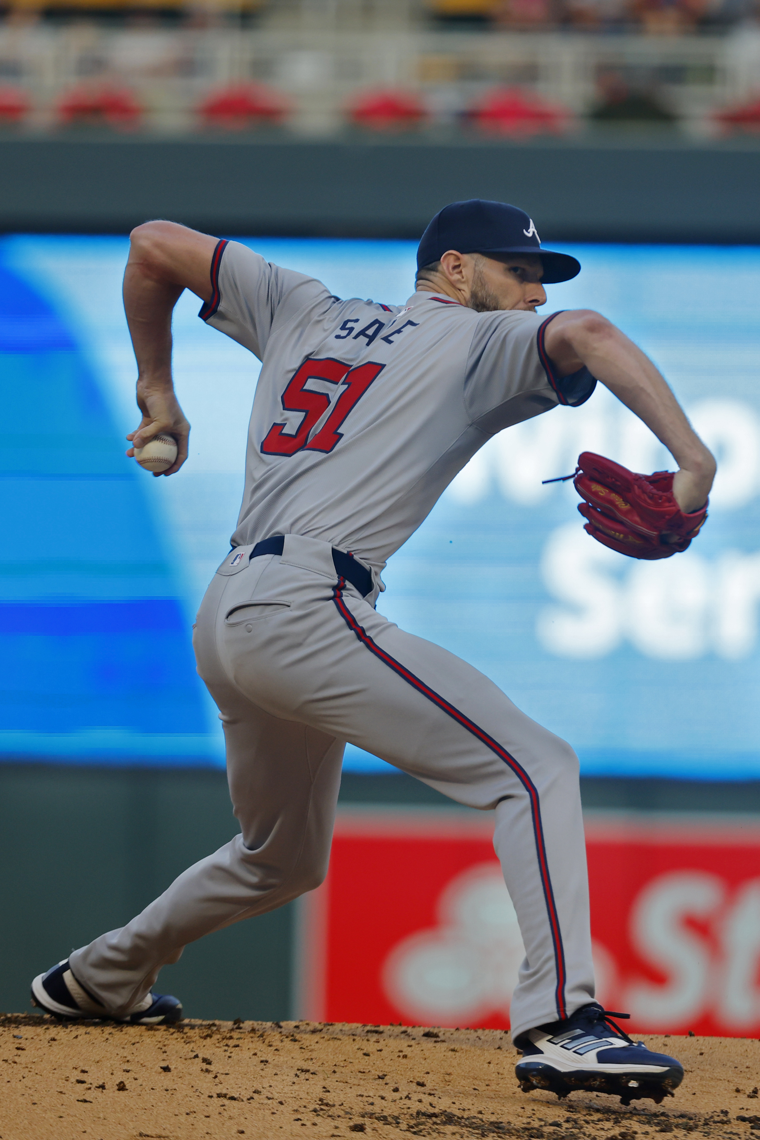 Atlanta Braves starting pitcher Chris Sale throws to the Minnesota Twins in the first inning of a baseball game Wednesday, Aug. 28, 2024, in Minneapolis. 