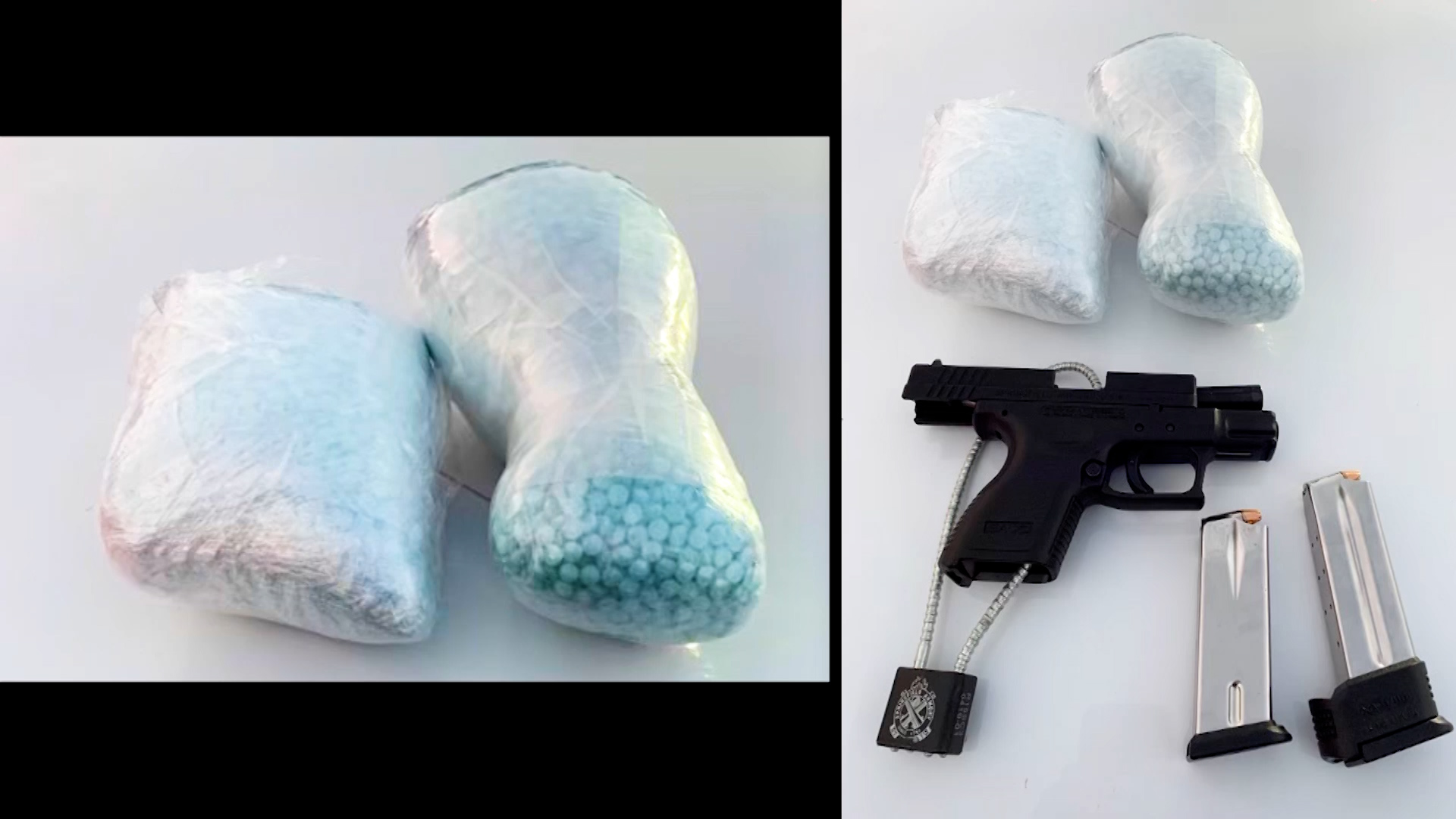 An estimated 18,000 fentanyl pills, firearm, and ammunition seized by UHP after a traffic stop along I-15 in November 2023.