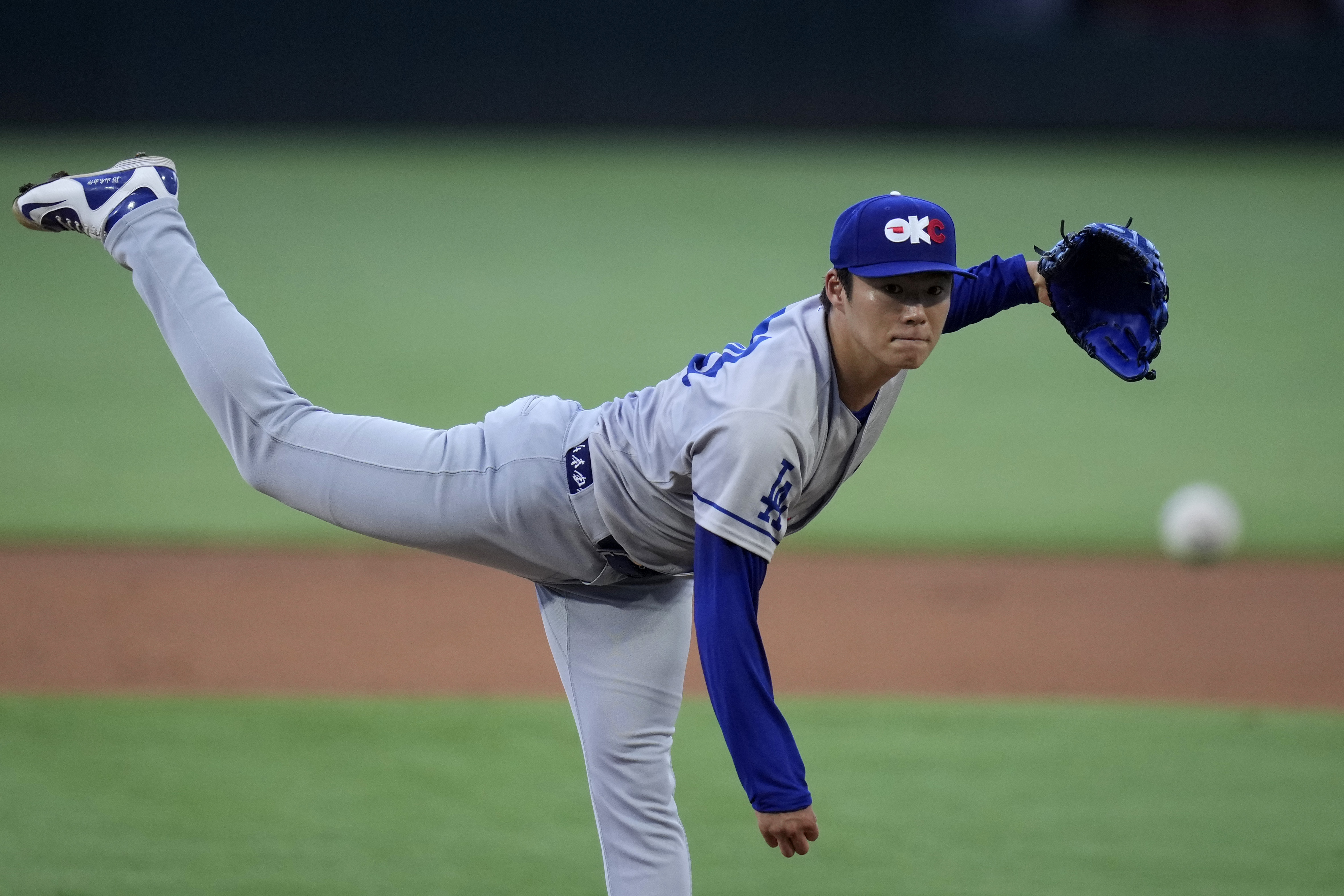 Los Angeles Dodgers pitcher Yoshinobu Yamamoto throws against the Texas Round Rock Express during a rehab start for the Triple-A Oklahoma City Dodgers, Wednesday, Aug. 28, 2024, in Round Rock, Texas. 