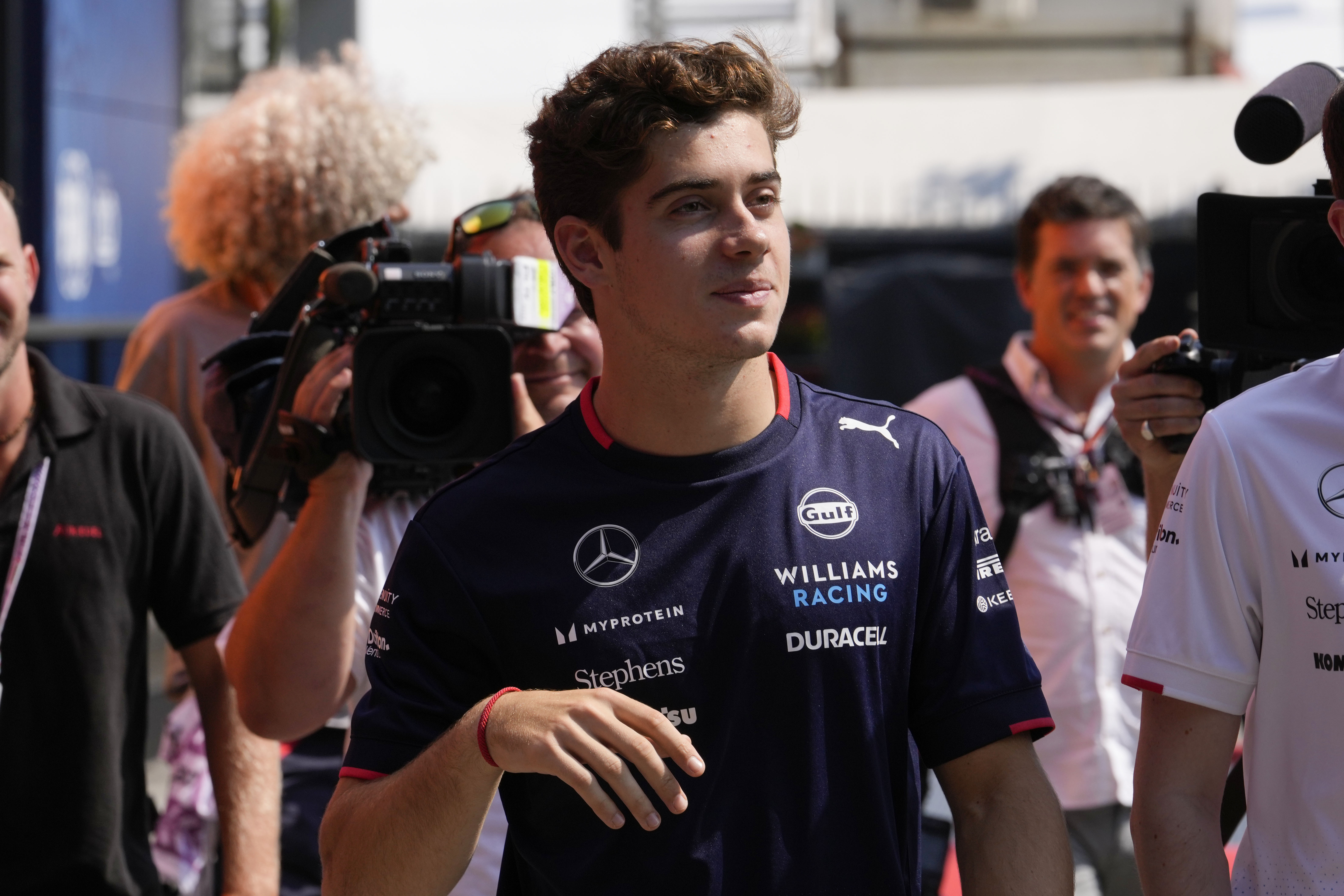 Williams driver Franco Colapinto of Argentina arrives at the Monza racetrack, in Monza, Italy, Thursday, Aug.29, 2024. The Formula one race will be held on Sunday.