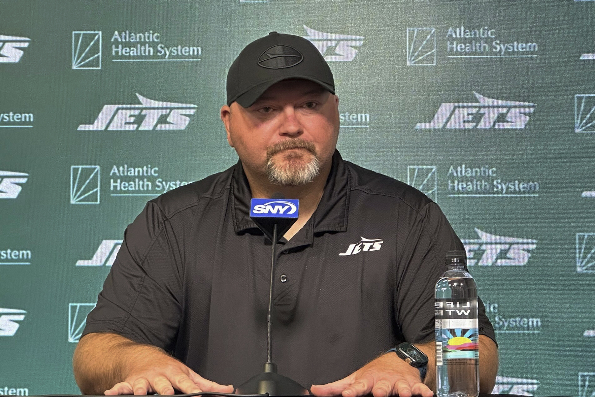New York Jets general manager Joe Douglas speaks to reporters at the team’s facility in Florham Park, N.J., on Thursday, Aug. 29, 2024. 
