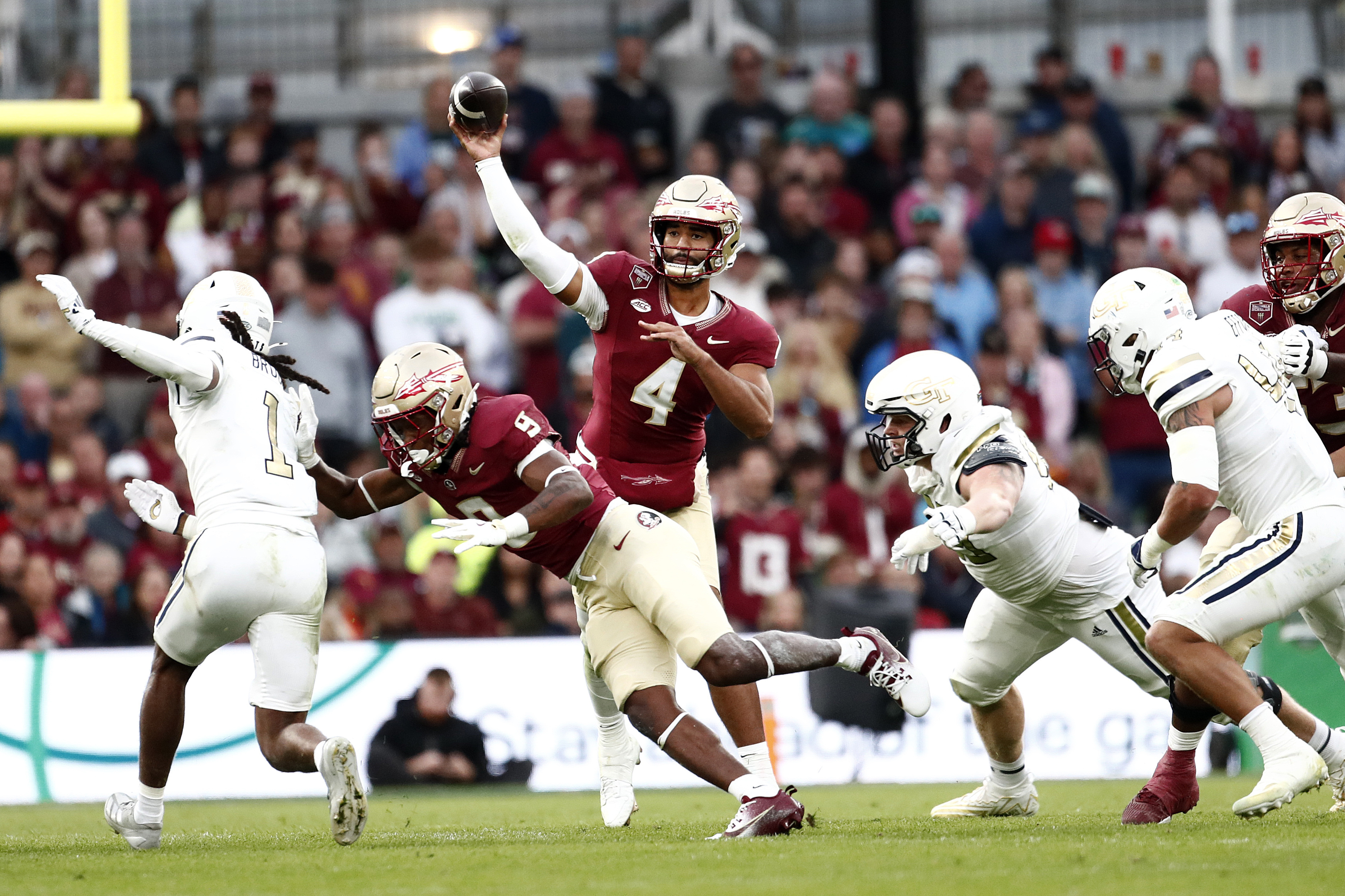 Florida State's DJ Uiagalelei throws the ball during the NCAA college football game between Georgia Tech and Florida State at the Aviva stadium in Dublin, Saturday, Aug. 24, 2024. 