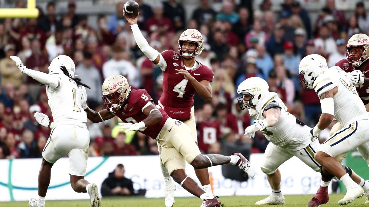 Florida State's DJ Uiagalelei throws the ball during the NCAA college football game between Georgia Tech and Florida State at the Aviva stadium in Dublin, Saturday, Aug. 24, 2024.