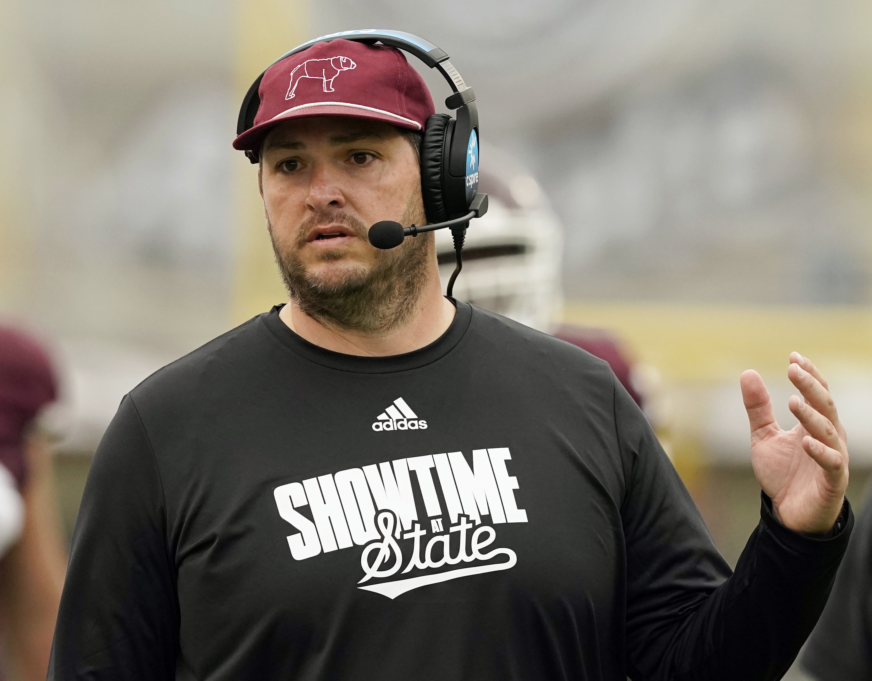 FILE - Mississippi State head coach Jeff Lebby calls to his players during Mississippi State's NCAA college spring football game April 20, 2024, in Starkville, Miss. 