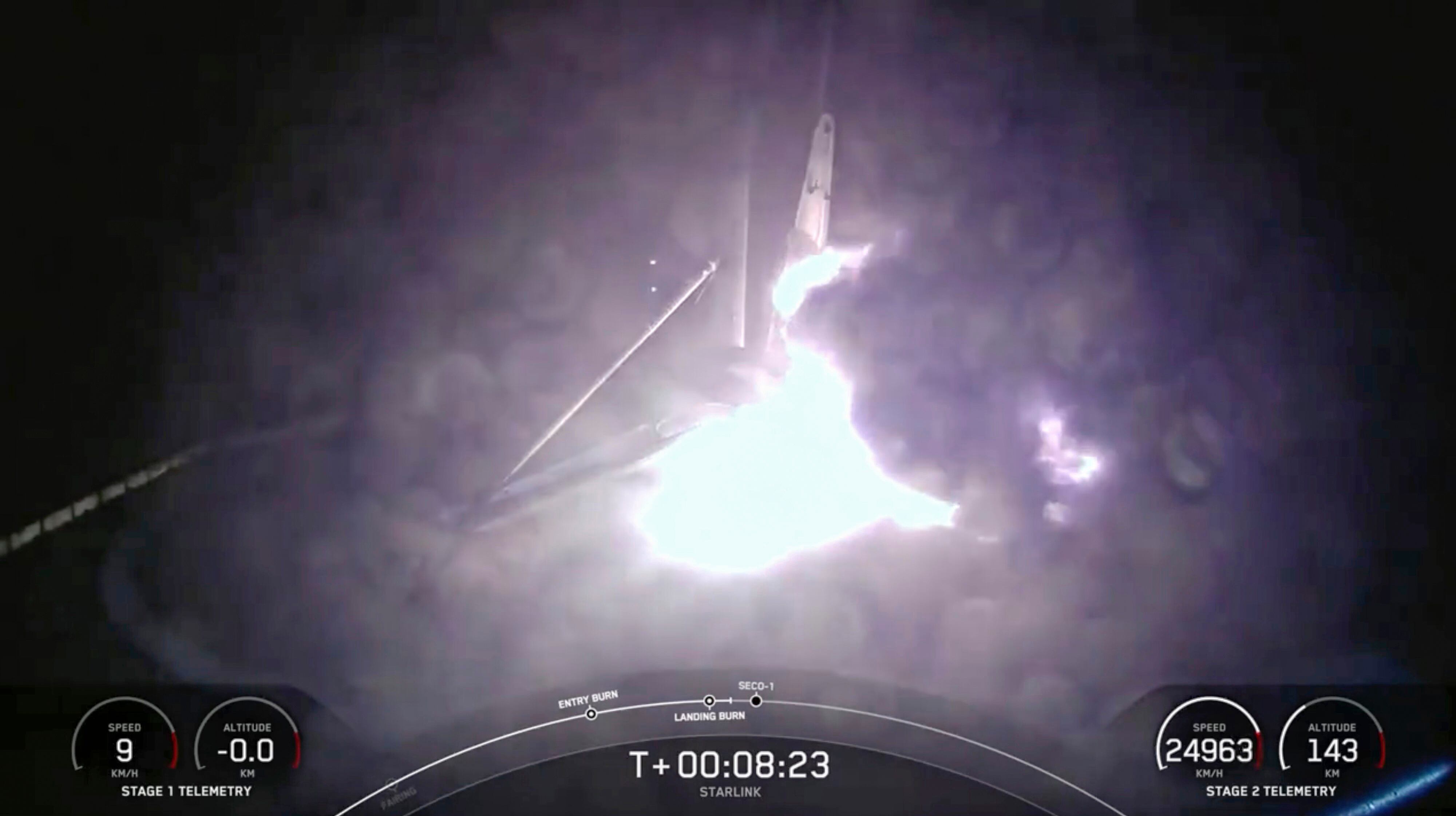 This image created from a SpaceX video shows the moment when the SpaceX Falcon 9 rocket's first-stage fell over in flames after landing on an ocean platform offshore, Wednesday, in the Atlantic Ocean.