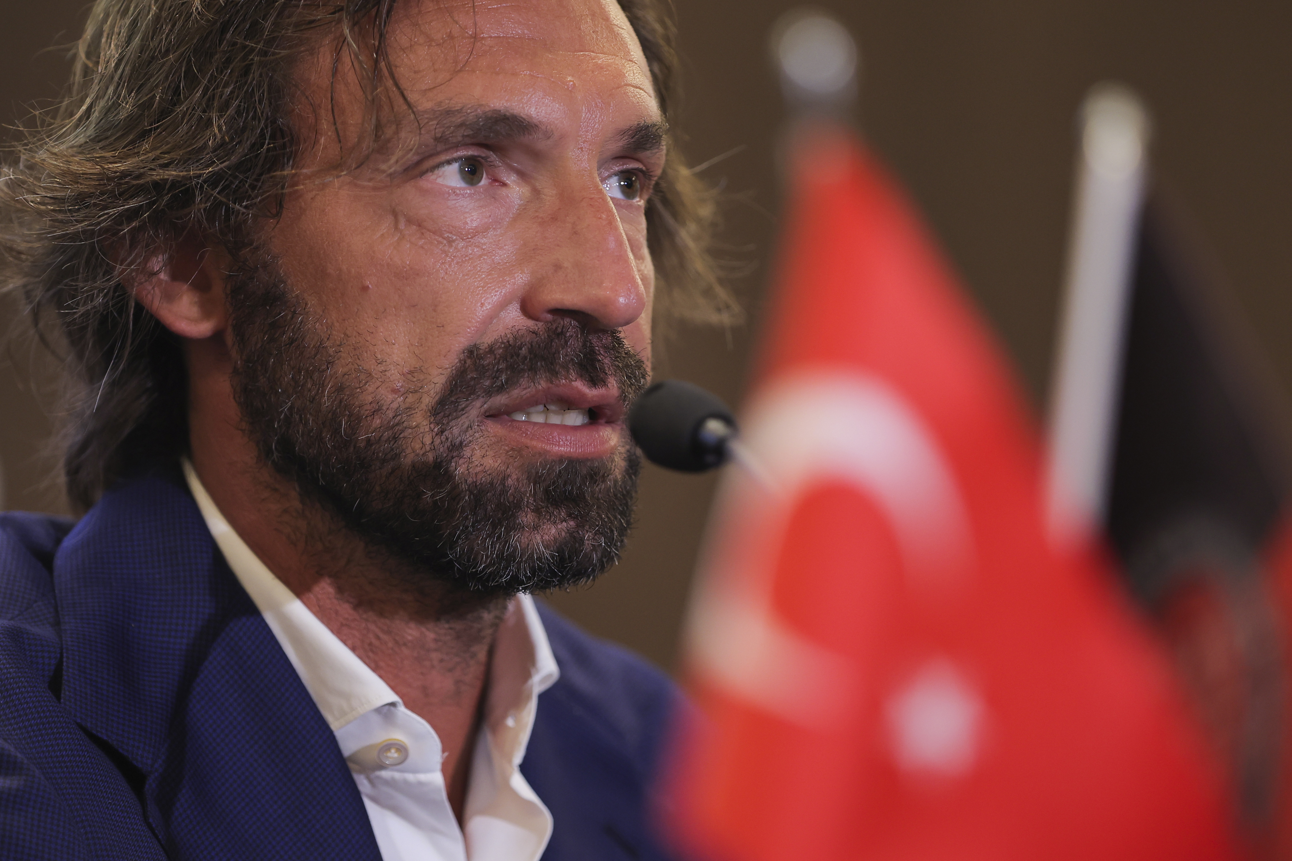 FILE - Andrea Pirlo talks to journalists in a news conference during an official presentation in Istanbul, Turkey, on June 13, 2022. 