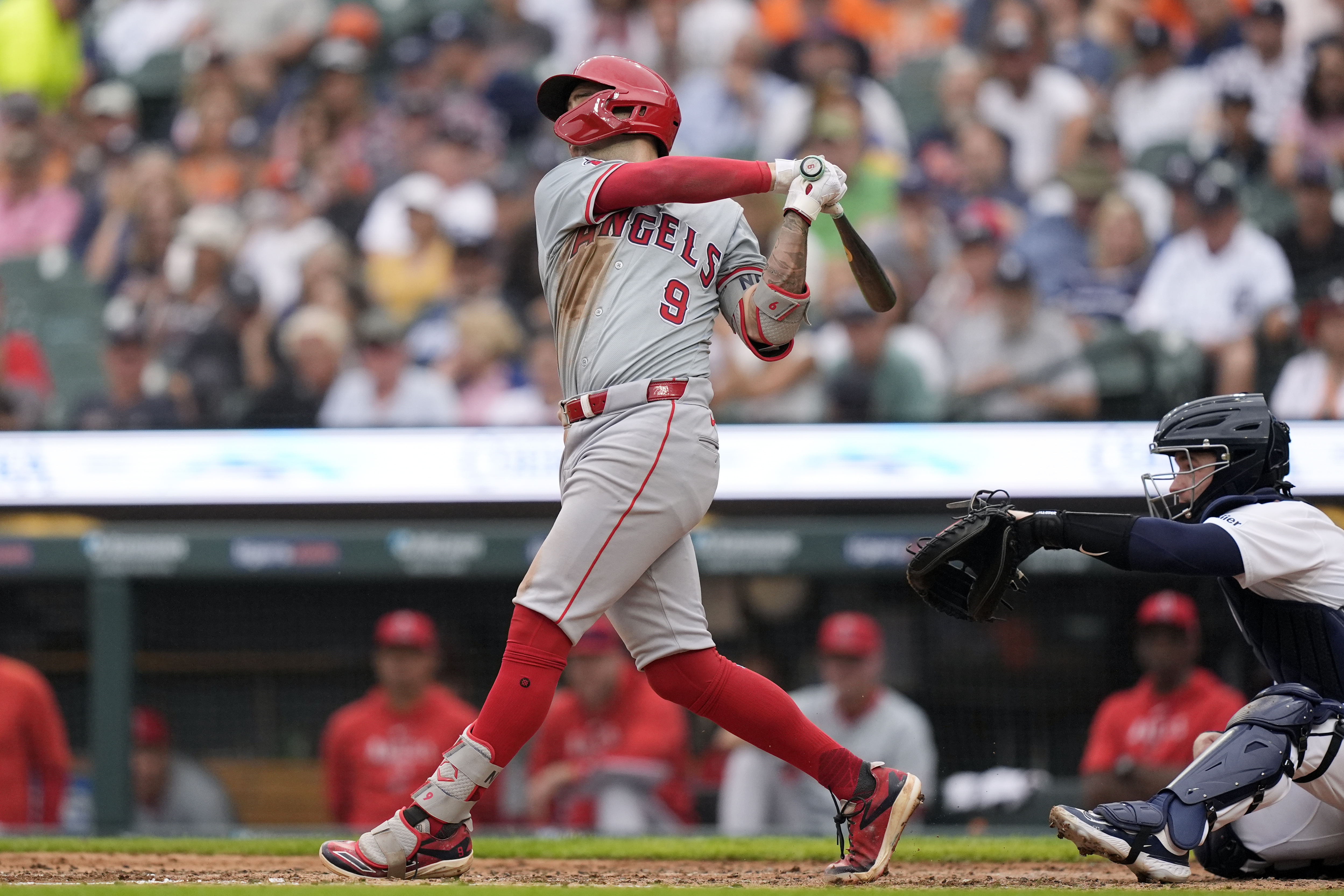 Los Angeles Angels' Zach Neto connects for a two-run home run during the fifth inning of a baseball game against the Detroit Tigers, Thursday, Aug. 29, 2024, in Detroit. 
