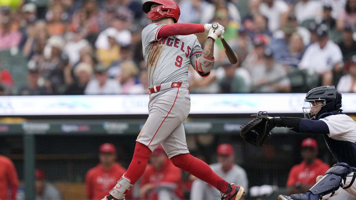 Los Angeles Angels' Zach Neto connects for a two-run home run during the fifth inning of a baseball game against the Detroit Tigers, Thursday, Aug. 29, 2024, in Detroit.