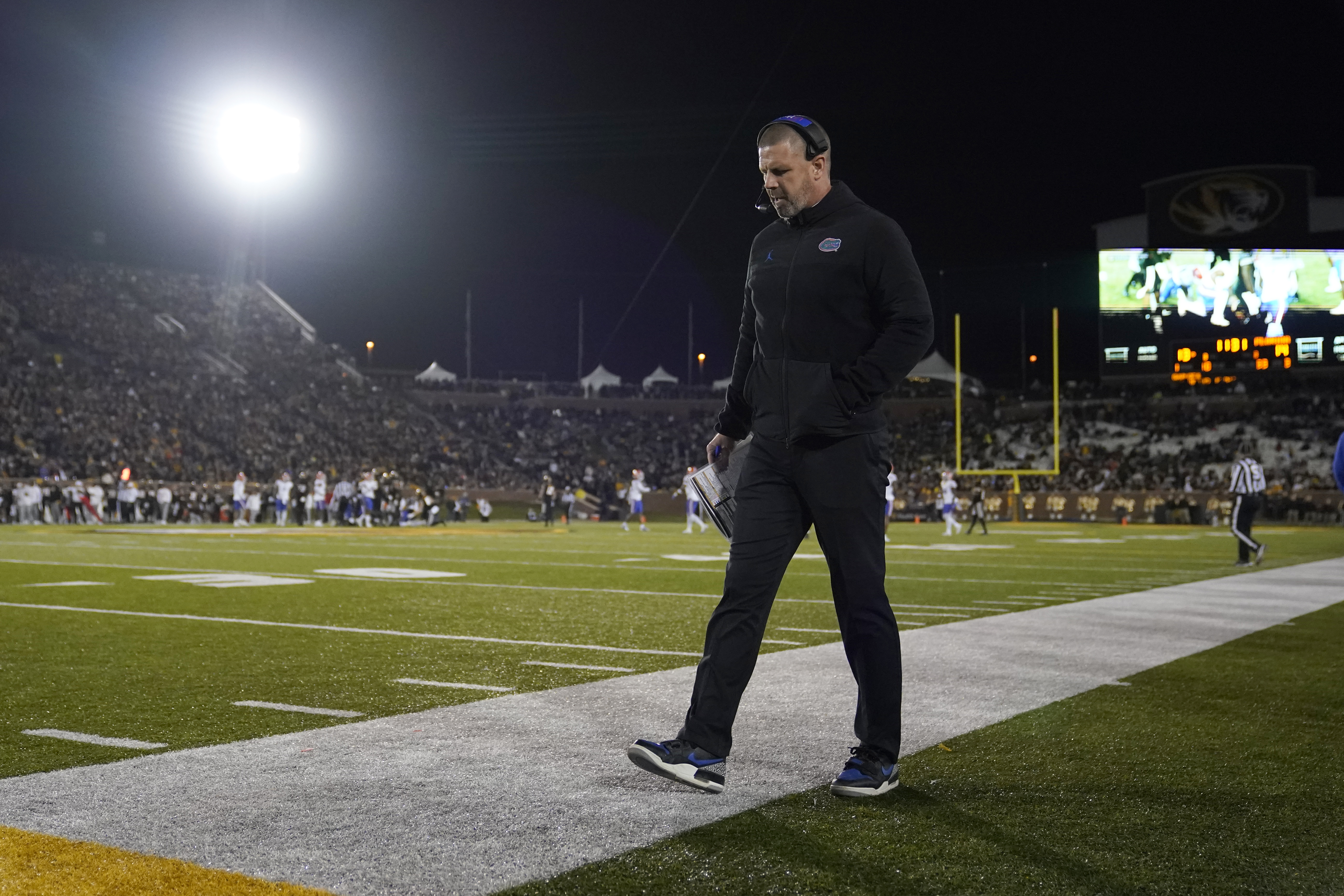 FILE - Florida head coach Billy Napier roams the sidelines during the second half of an NCAA college football game against Missouri Saturday, Nov. 18, 2023, in Columbia, Mo.