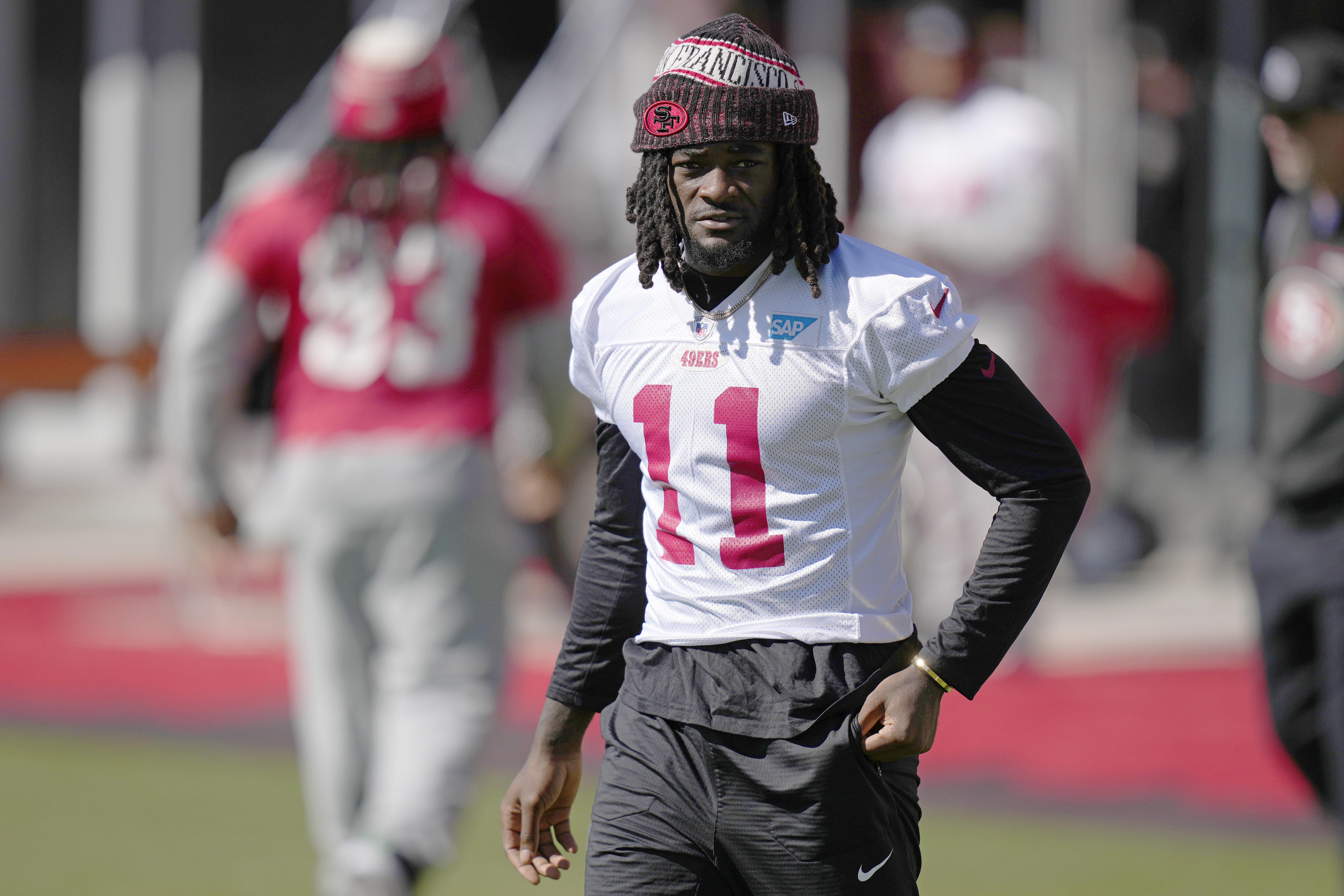 FILE - San Francisco 49ers wide receiver Brandon Aiyuk (11) warms up during a practice ahead of the Super Bowl 58 NFL football game Saturday, Feb. 10, 2024, in Las Vegas. 