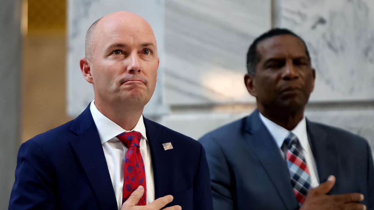Gov. Spencer Cox and Rep. Burgess Owens attend the Founders of America and Constitution Month Kick-Off at the Capitol in Salt Lake City on Thursday. Cox declared Sunday as a Day of Prayer, Fasting and Contemplation for our nation.