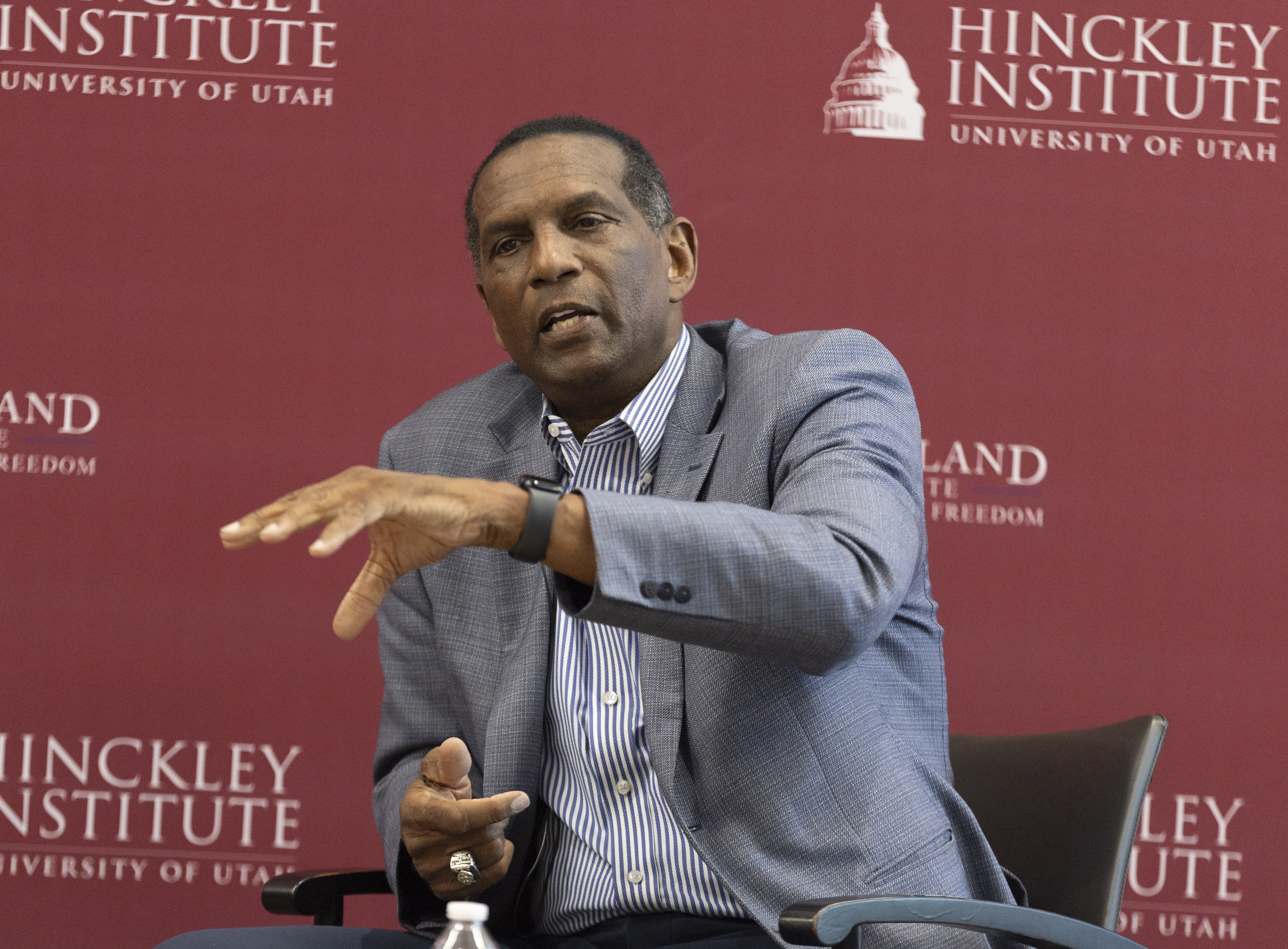 Rep. Burgess Owens, R-Utah, speaks at the University of Utah campus Tuesday. Owens is decrying proposed rule changes put forward by the Biden administration to aid immigrant students, fearing they would "dilute" help available to others.