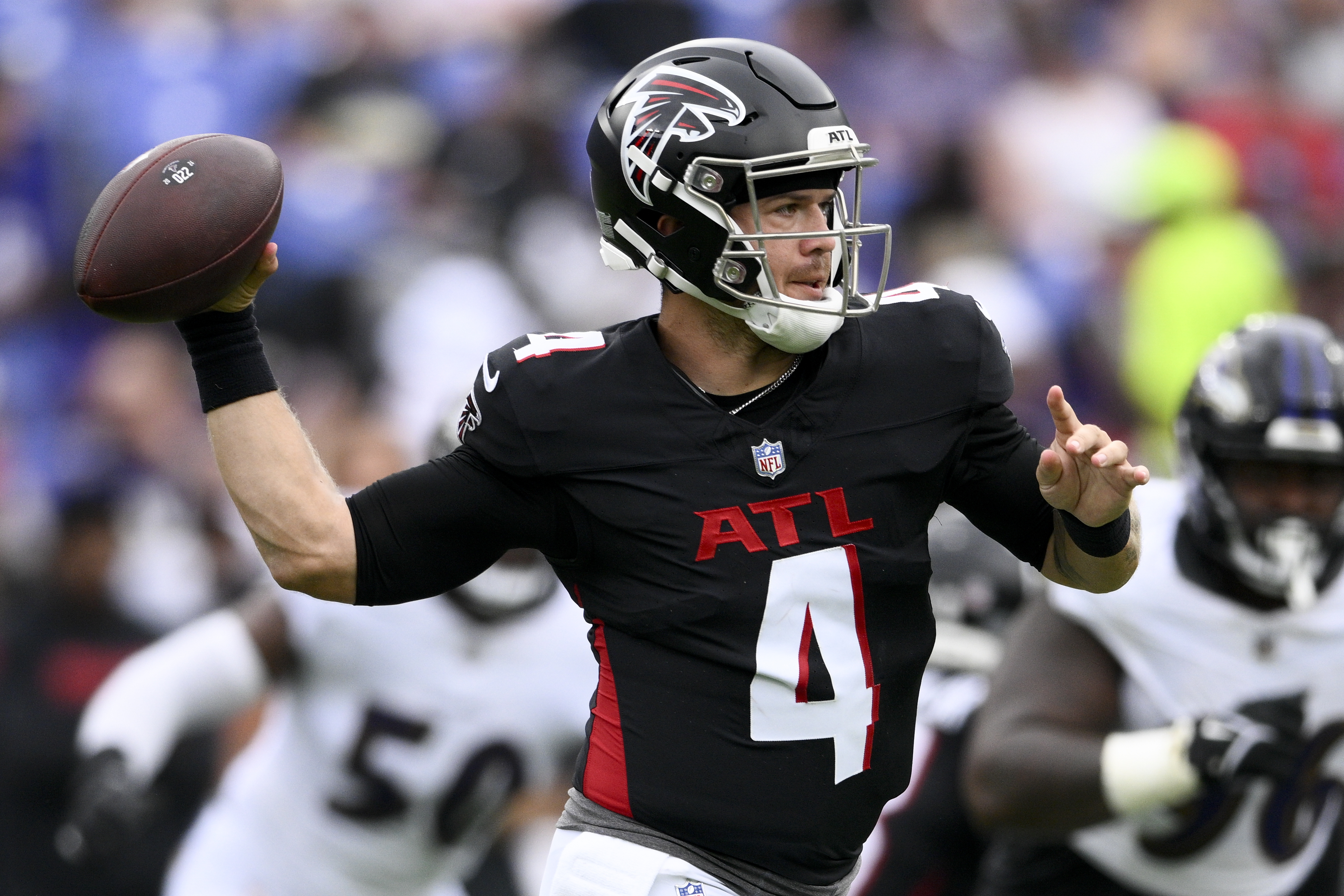 Atlanta Falcons quarterback Taylor Heinicke passes against the Baltimore Ravens during the first half of a preseason NFL football game on Saturday, Aug. 17, 2024, in Baltimore. 