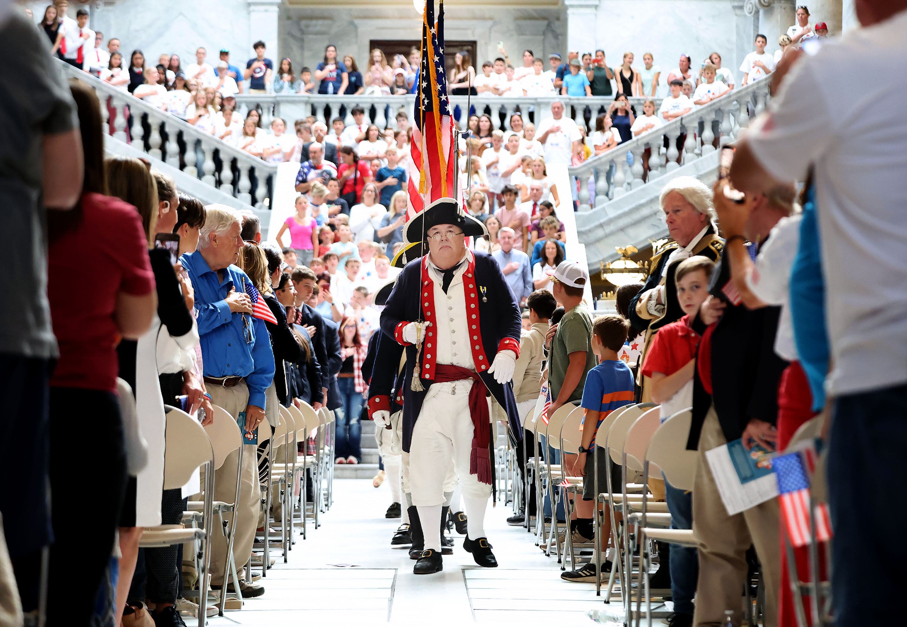 Utah Society Sons of the American Revolution present the flag at the Founders of America and Constitution Month Kick-Off at the Capitol in Salt Lake City on Thursday.