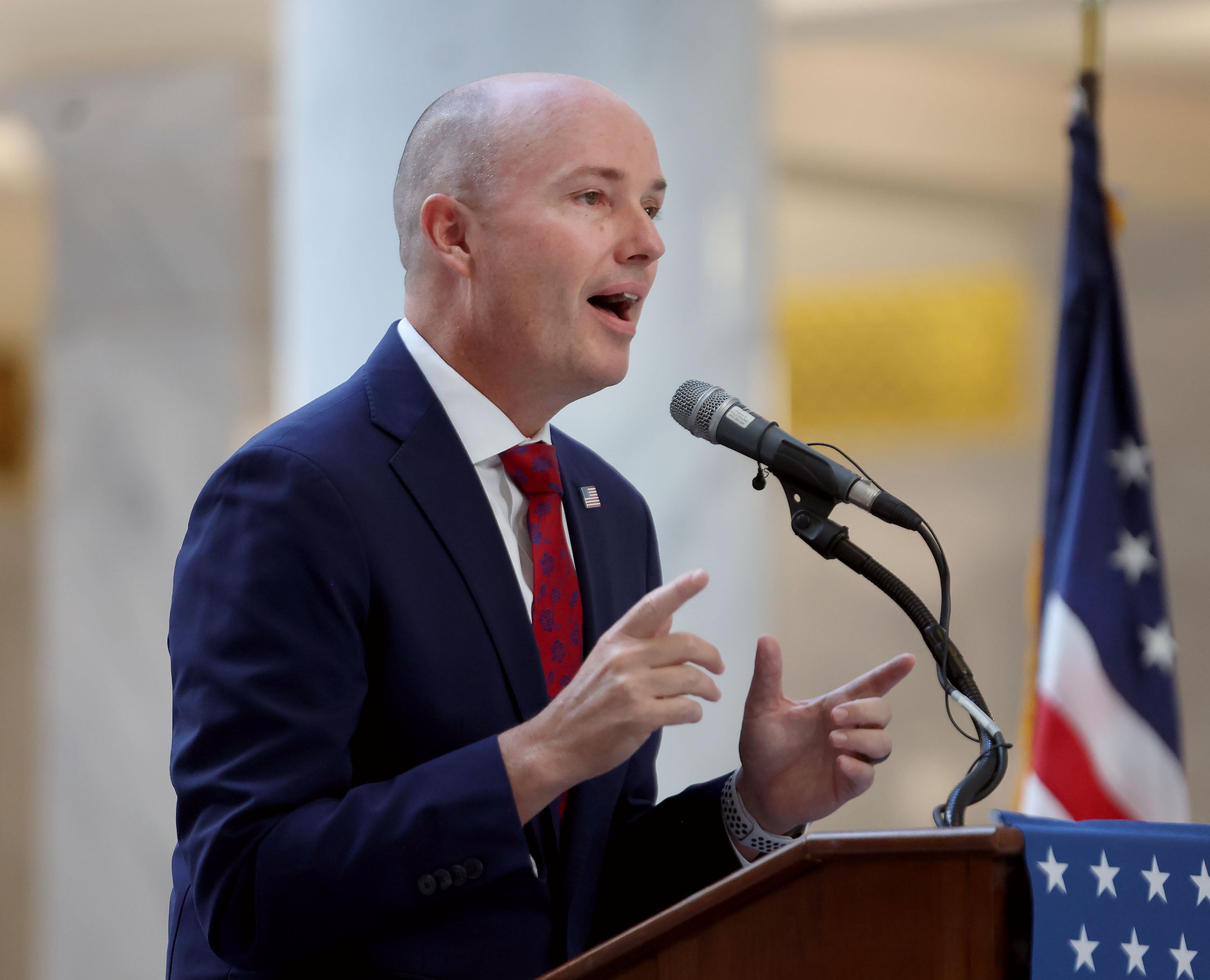 Gov. Spencer Cox speaks at the Founders of America and Constitution Month Kick-Off at the Capitol in Salt Lake City on Thursday.