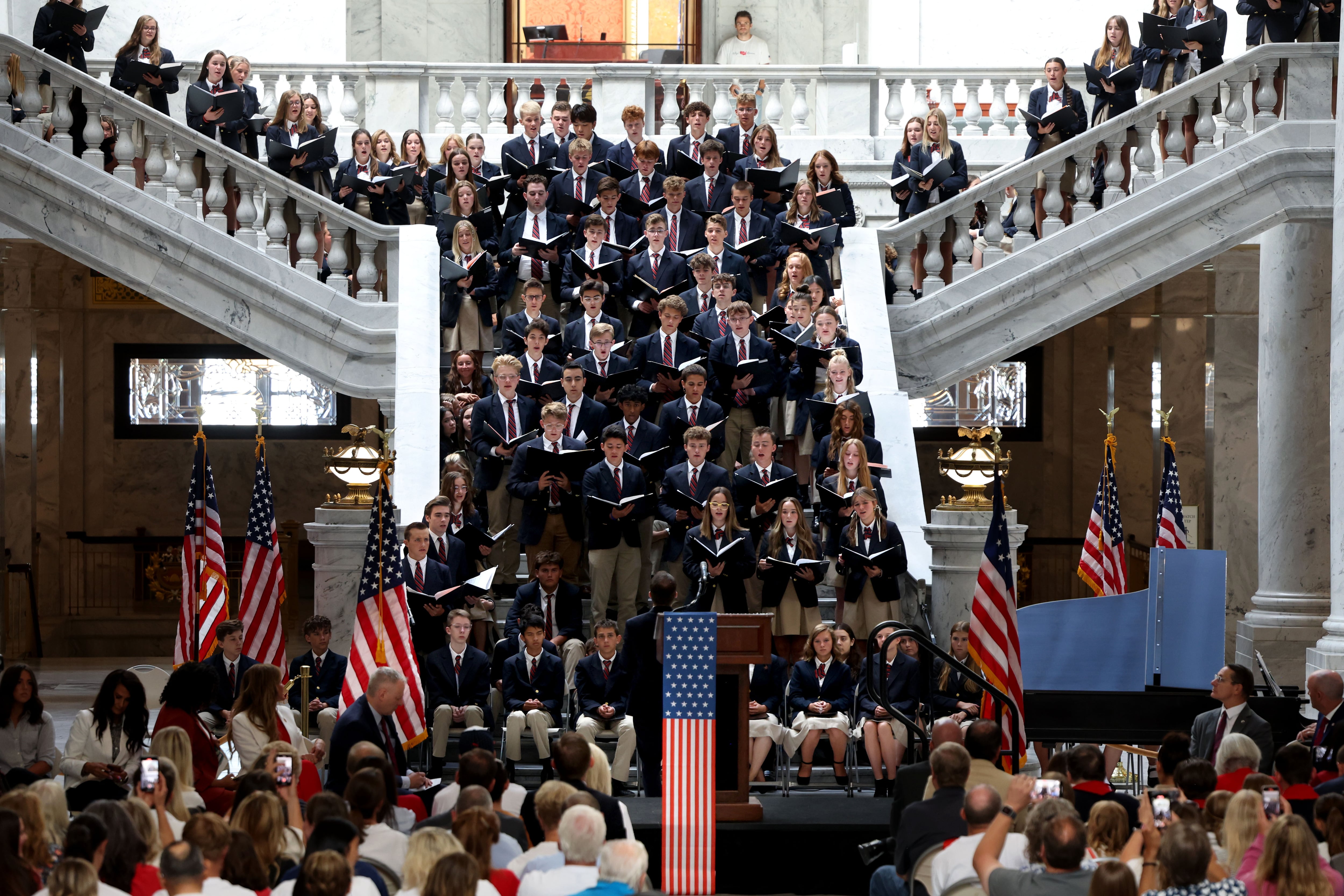 American Heritage School A Capella Choir performs at the Founders of America and Constitution Month Kick-Off at the Capitol in Salt Lake City on Thursday.