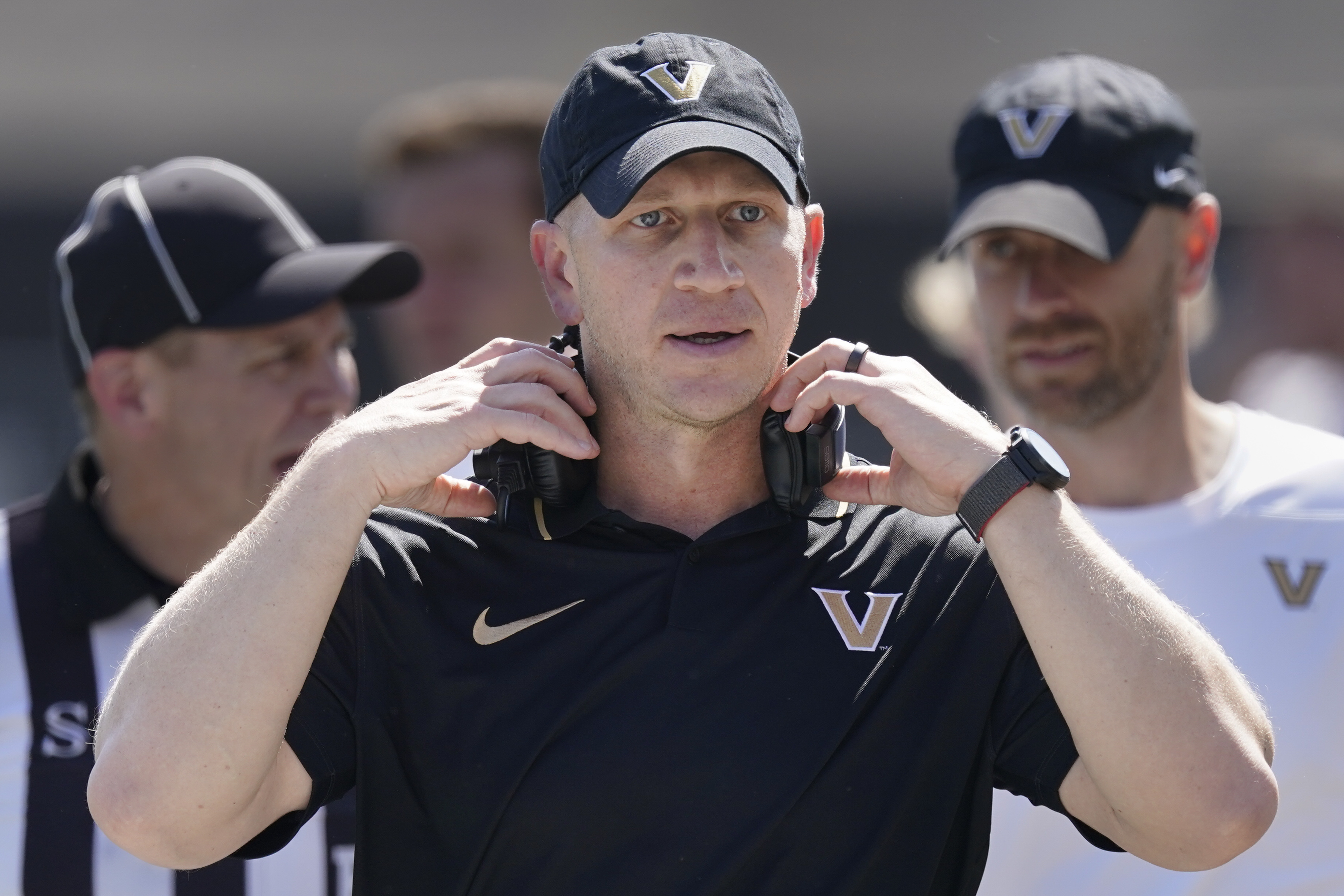 FILE - Vanderbilt head coach Clark Lea walks the sideline in the second half of an NCAA college football game against Kentucky, Saturday, Sept. 23, 2023, in Nashville, Tenn. 