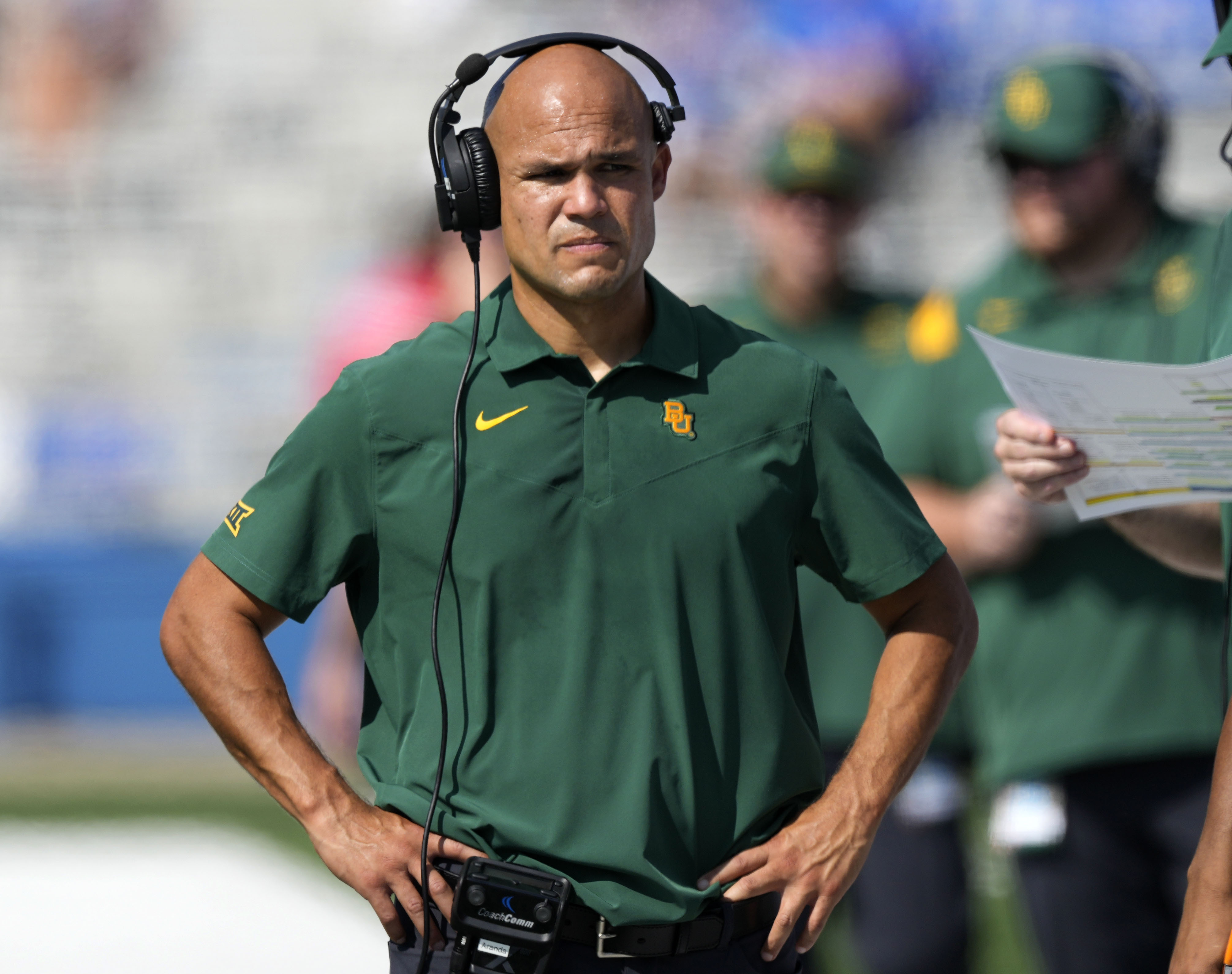FILE - Baylor head coach Dave Aranda walks the sideline during the first half of an NCAA college football game against Kansas in Lawrence, Kan., Sept. 18 2021. 