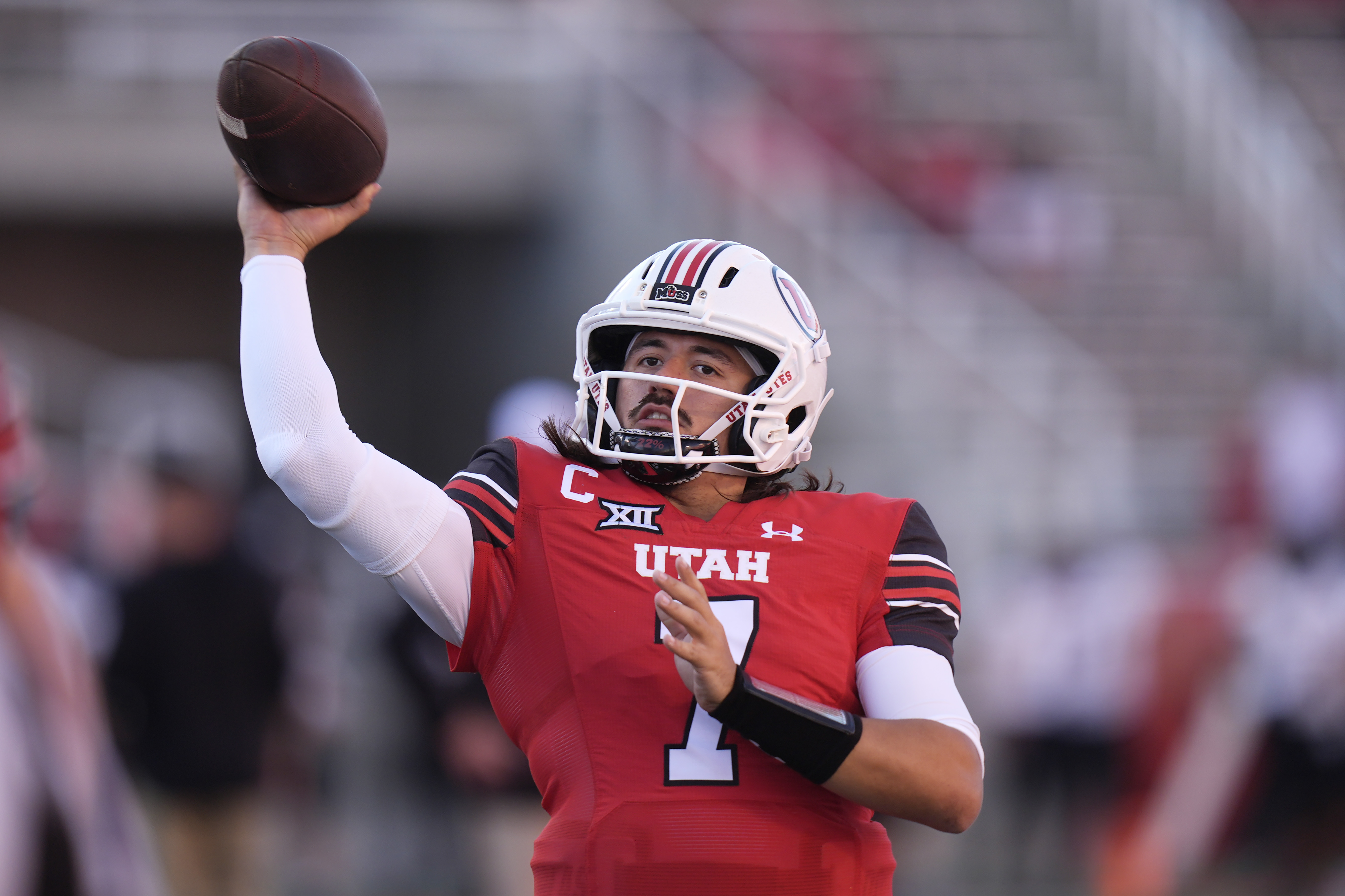 Utah quarterback Cameron Rising (7) warms up before the start an NCAA college football game against Southern Utah Thursday, Aug. 29, 2024, in Salt Lake City. 